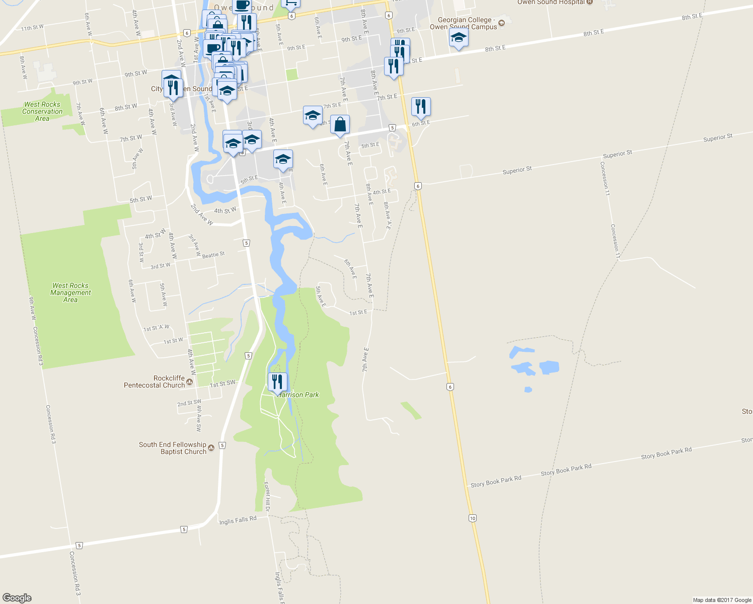 map of restaurants, bars, coffee shops, grocery stores, and more near 115 7th Avenue East in Owen Sound