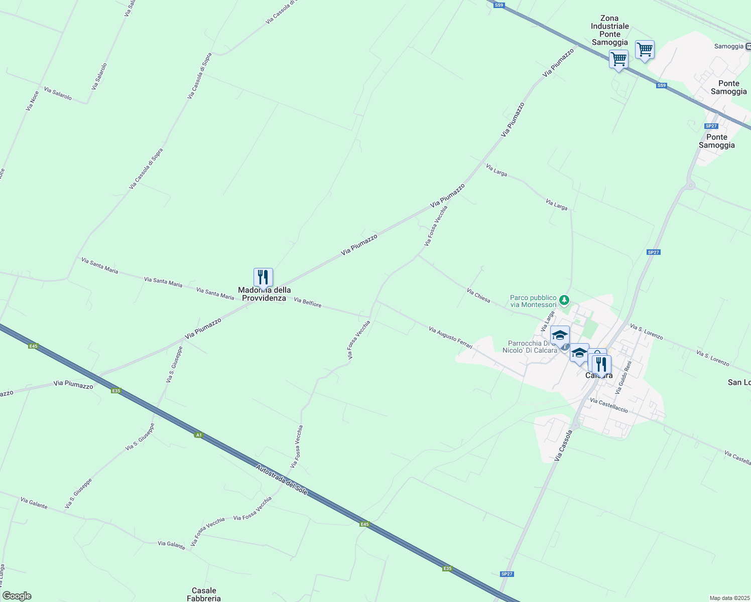 map of restaurants, bars, coffee shops, grocery stores, and more near 21 Via Augusto Ferrari in Città Metropolitana di Bologna