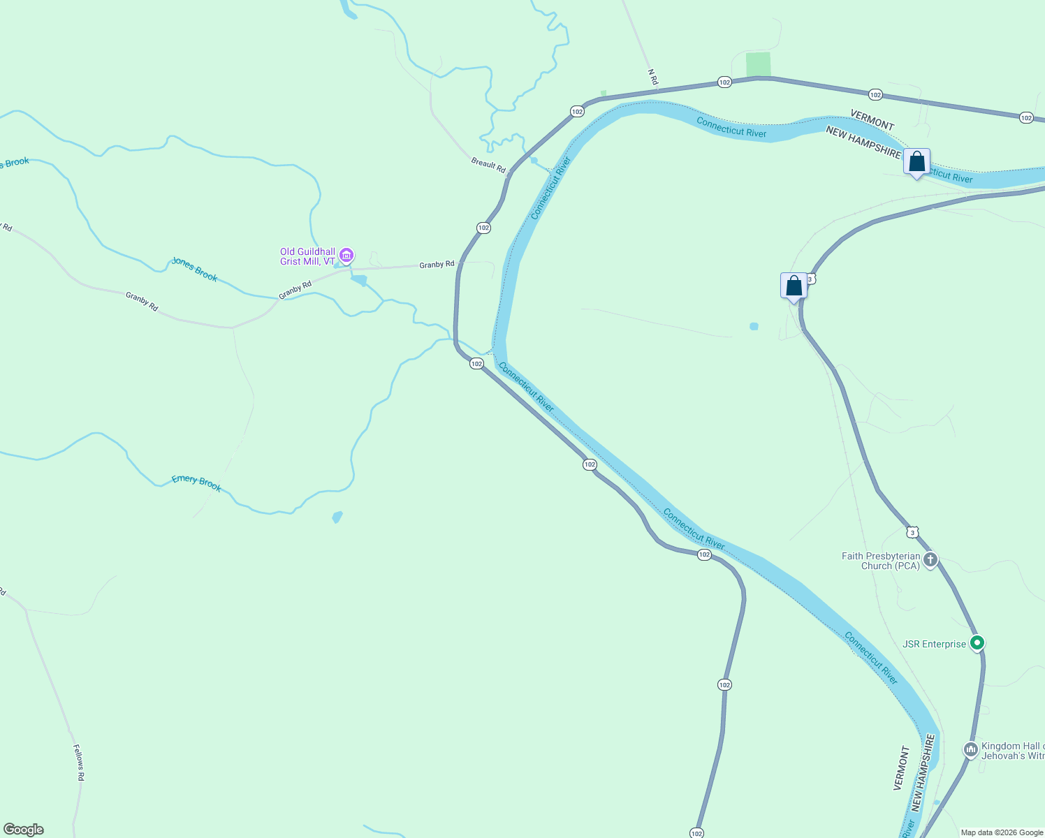 map of restaurants, bars, coffee shops, grocery stores, and more near Vermont 102 in Guildhall