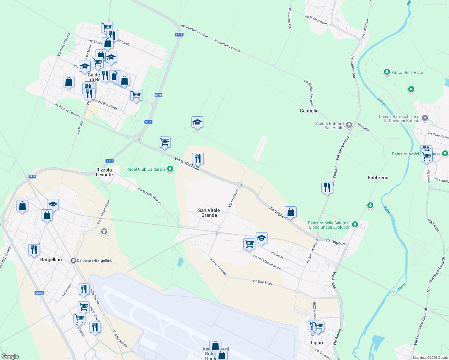 map of restaurants, bars, coffee shops, grocery stores, and more near 999 Via Giuseppe Garibaldi in San Vitale Grande