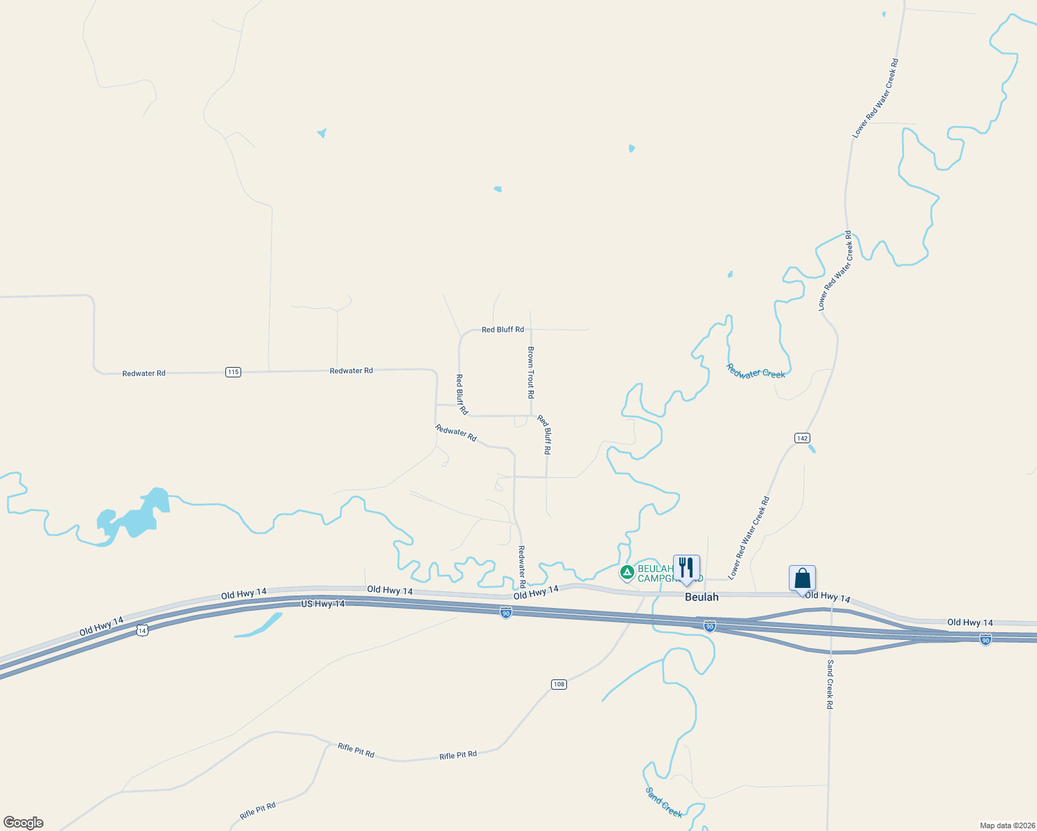 map of restaurants, bars, coffee shops, grocery stores, and more near Red Bluff Road in Beulah
