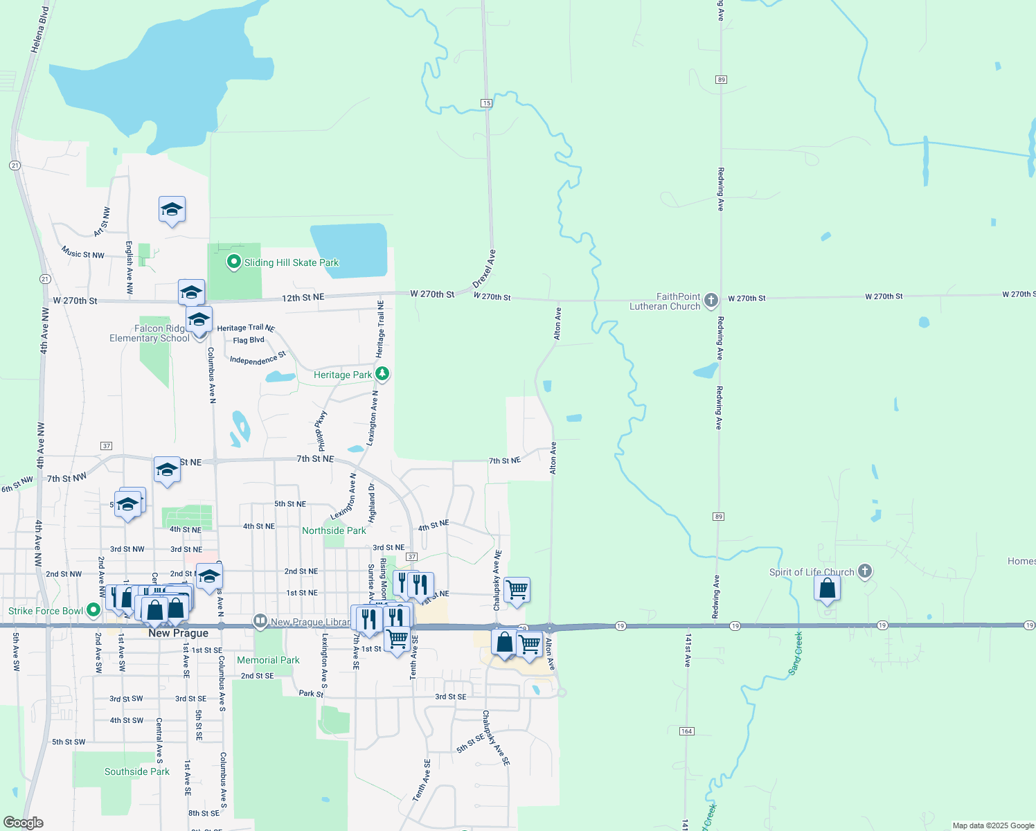 map of restaurants, bars, coffee shops, grocery stores, and more near 900 Wencel Avenue Northeast in New Prague