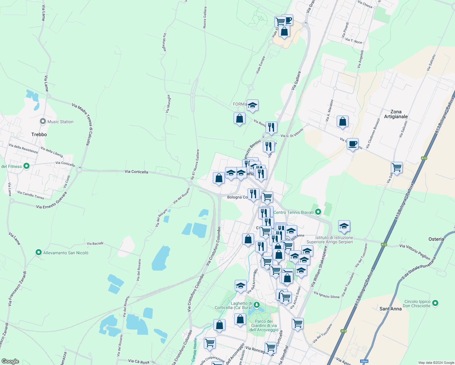map of restaurants, bars, coffee shops, grocery stores, and more near 11 Via Andrea Costa in Villa Salina