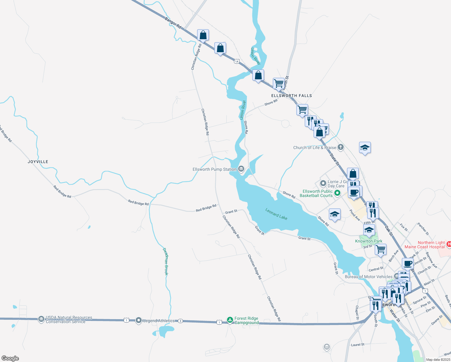 map of restaurants, bars, coffee shops, grocery stores, and more near 235 Christian Ridge Rd in Ellsworth