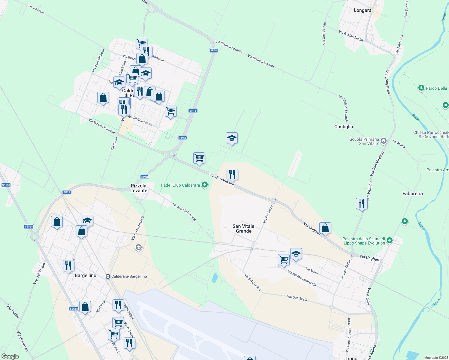map of restaurants, bars, coffee shops, grocery stores, and more near 999 Via Giuseppe Garibaldi in San Vitale Grande
