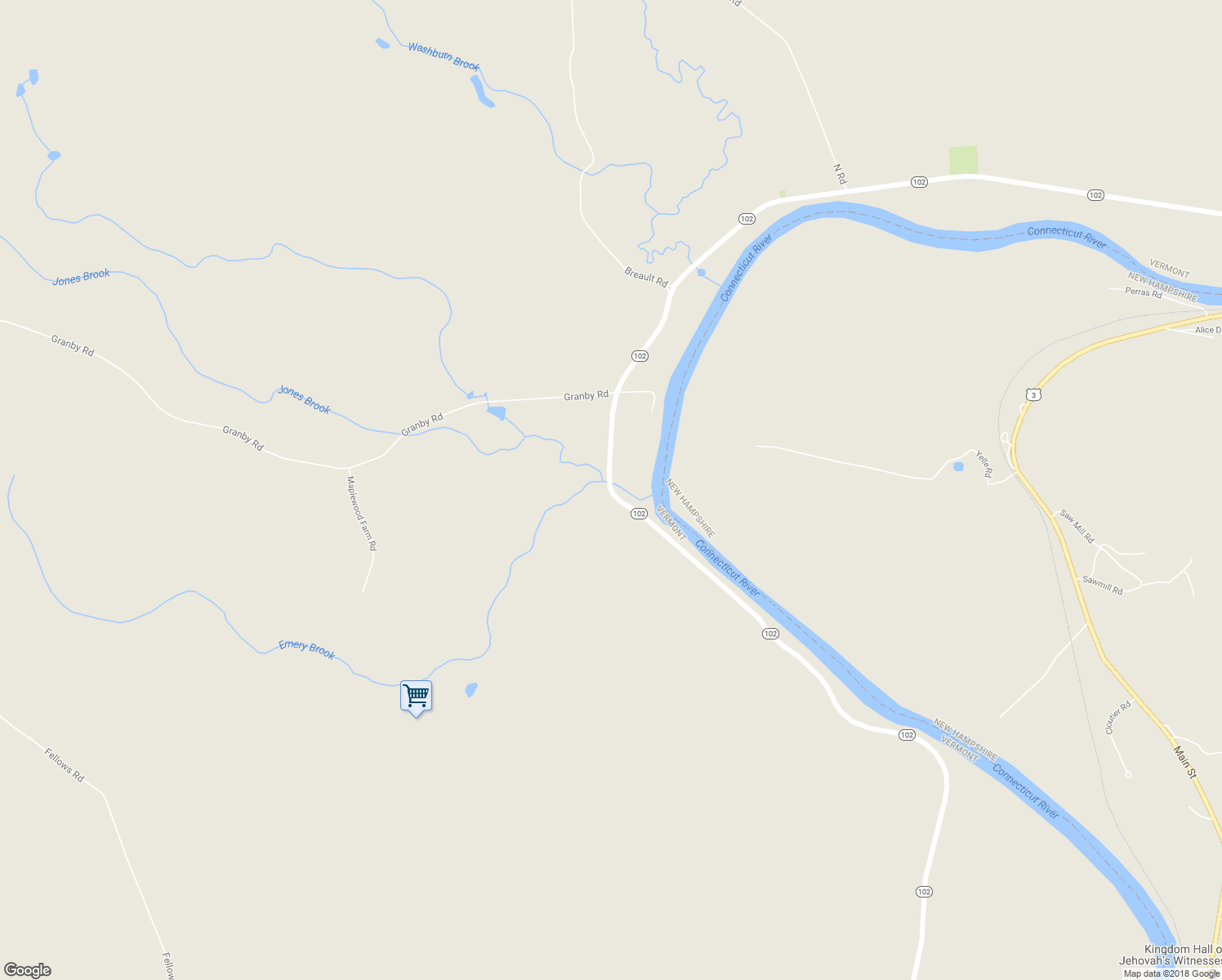 map of restaurants, bars, coffee shops, grocery stores, and more near Vermont 102 in Guildhall