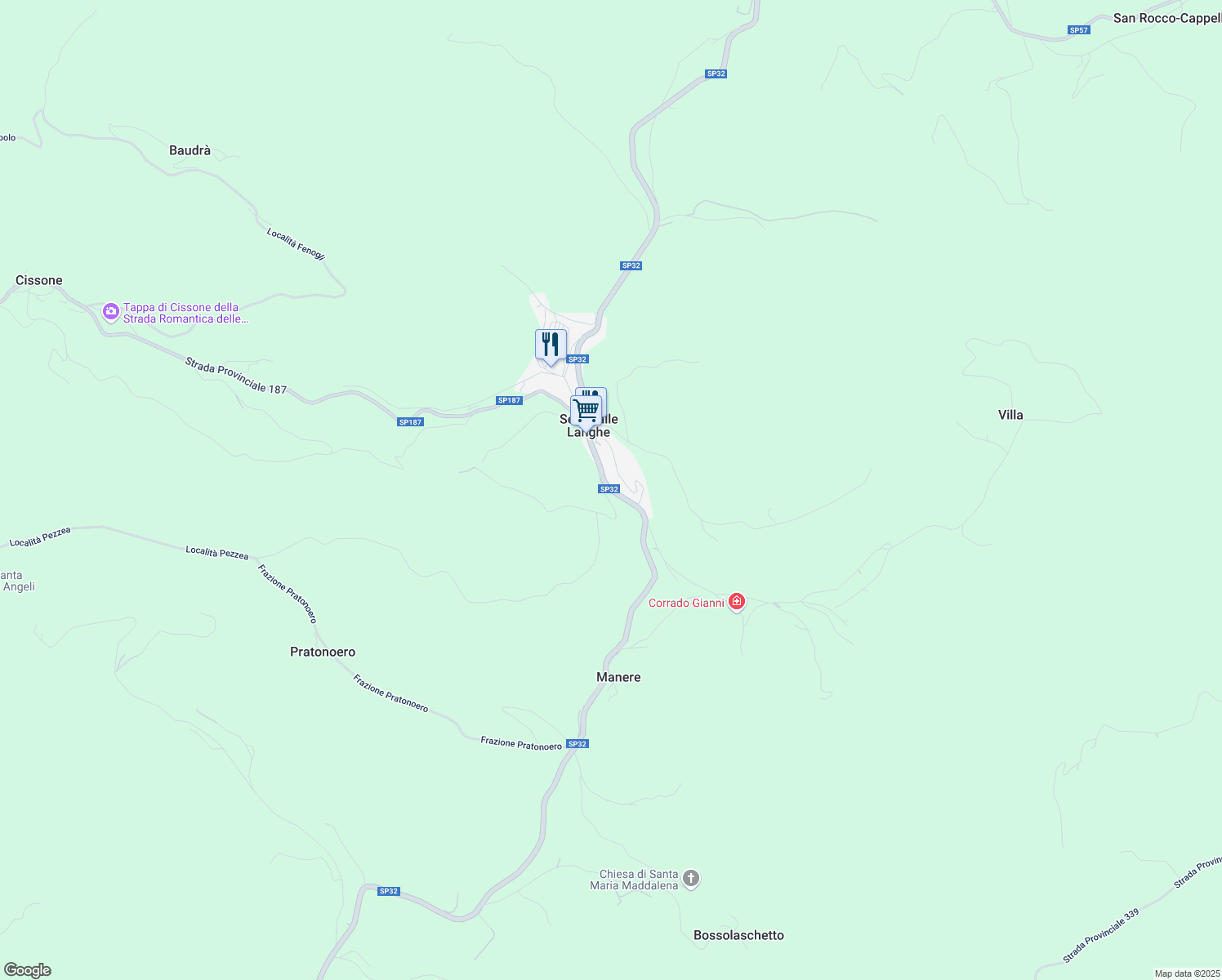 map of restaurants, bars, coffee shops, grocery stores, and more near Strada Provinciale 32 in Serravalle Langhe