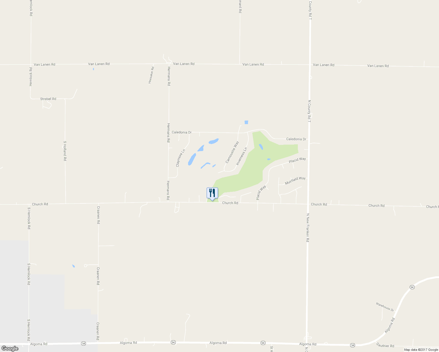 map of restaurants, bars, coffee shops, grocery stores, and more near 3036 Inverness Circle in New Franken