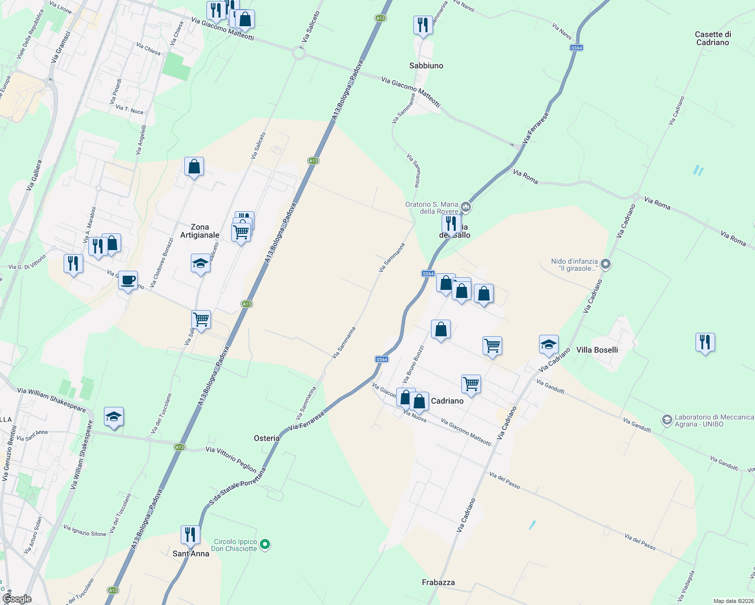 map of restaurants, bars, coffee shops, grocery stores, and more near 9 Via Sammarina in Città Metropolitana di Bologna