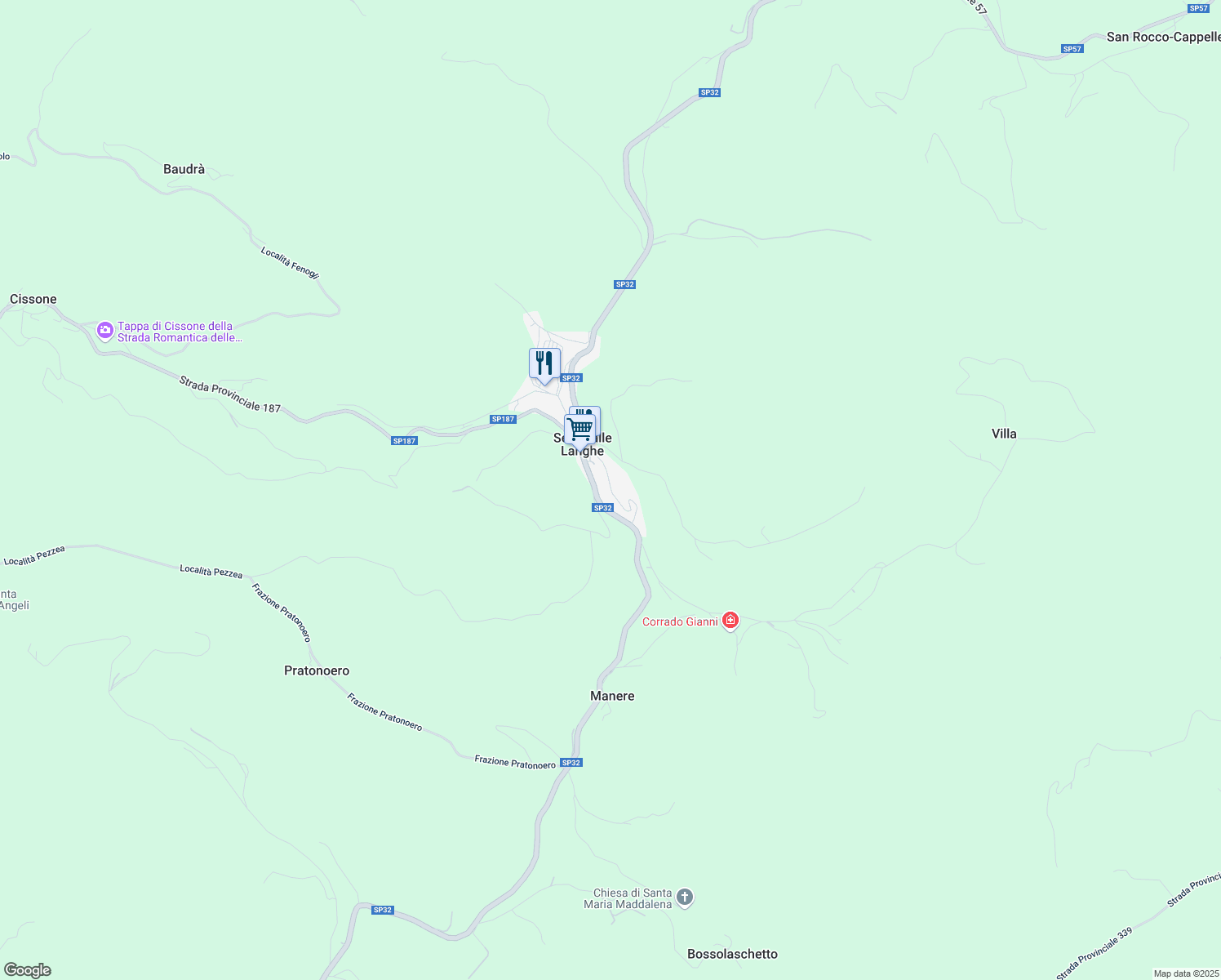 map of restaurants, bars, coffee shops, grocery stores, and more near Strada Provinciale 32 in Serravalle Langhe
