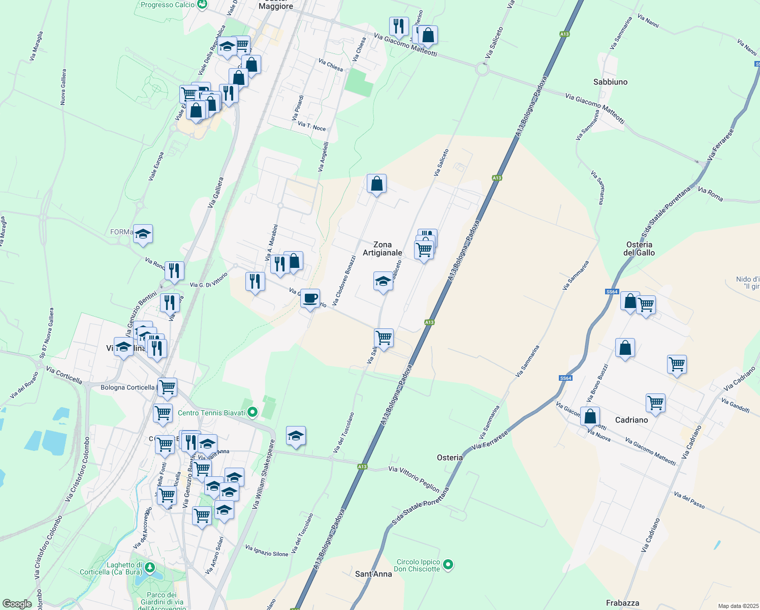 map of restaurants, bars, coffee shops, grocery stores, and more near 22 Via Saliceto in Zona Artigianale