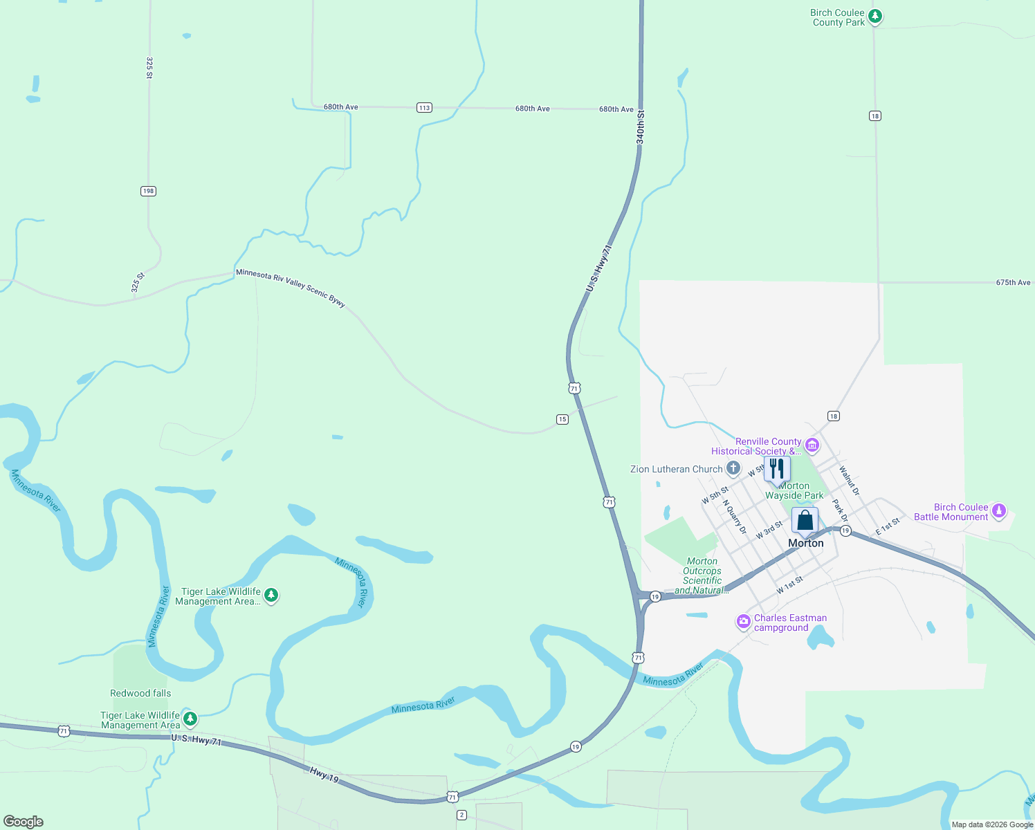map of restaurants, bars, coffee shops, grocery stores, and more near 33672 County Highway 15 in Morton