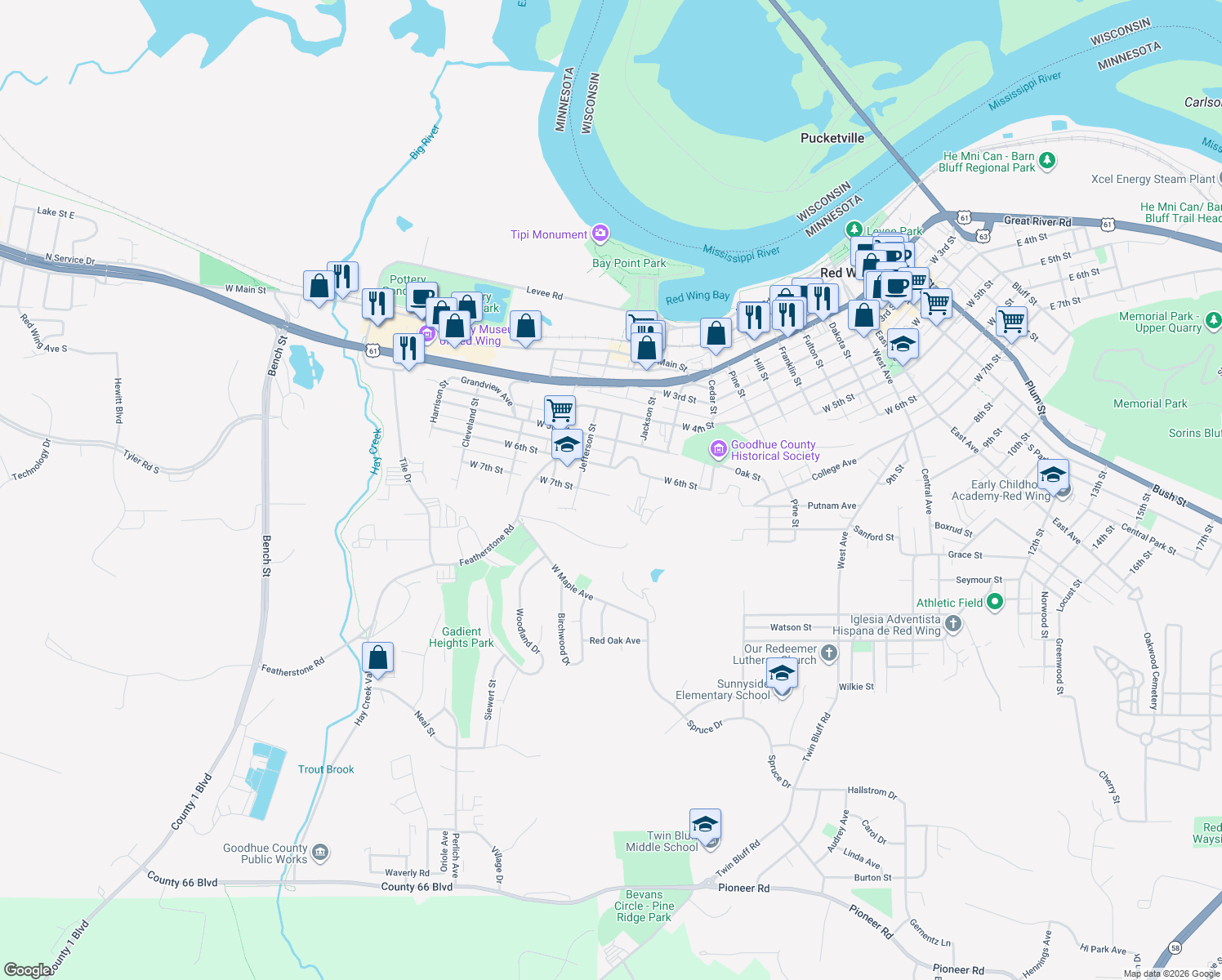 map of restaurants, bars, coffee shops, grocery stores, and more near 1424 West 7th Street in Red Wing