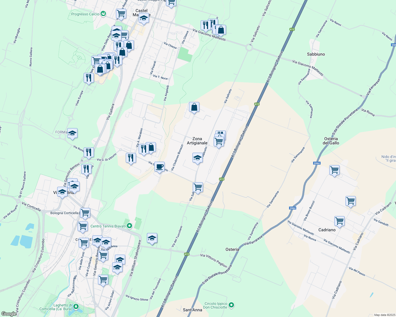 map of restaurants, bars, coffee shops, grocery stores, and more near 22 Via Saliceto in Zona Artigianale