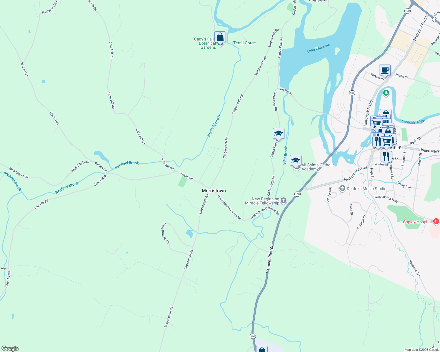 map of restaurants, bars, coffee shops, grocery stores, and more near 1179 Stagecoach Rd in Morristown