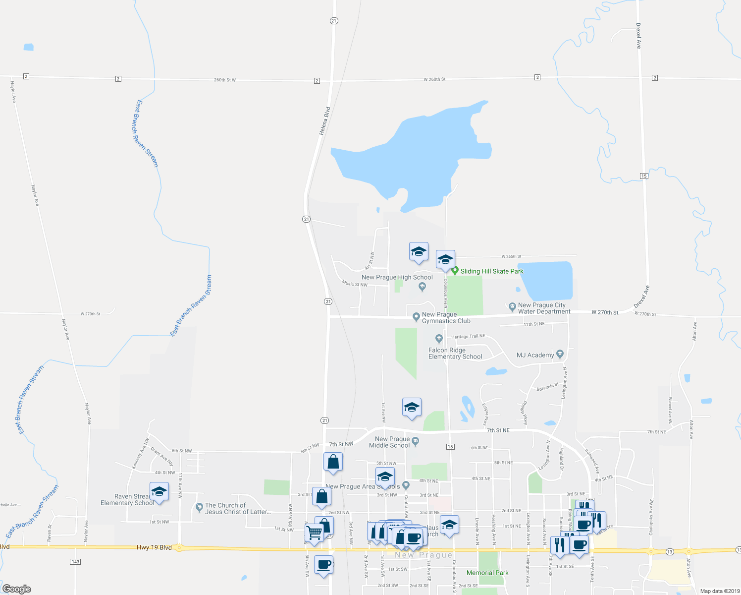 map of restaurants, bars, coffee shops, grocery stores, and more near 1308 History Court Northwest in New Prague