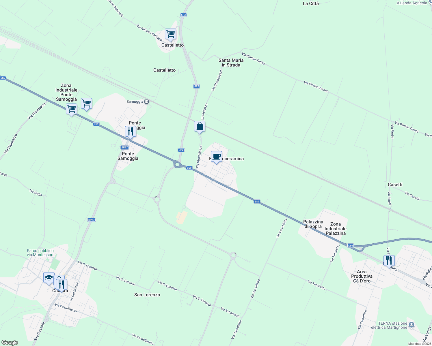 map of restaurants, bars, coffee shops, grocery stores, and more near 1P Via delle Querce in Ex Euroceramica