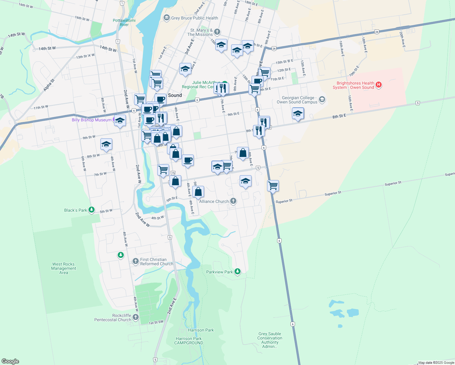 map of restaurants, bars, coffee shops, grocery stores, and more near 500 7th Avenue East in Owen Sound