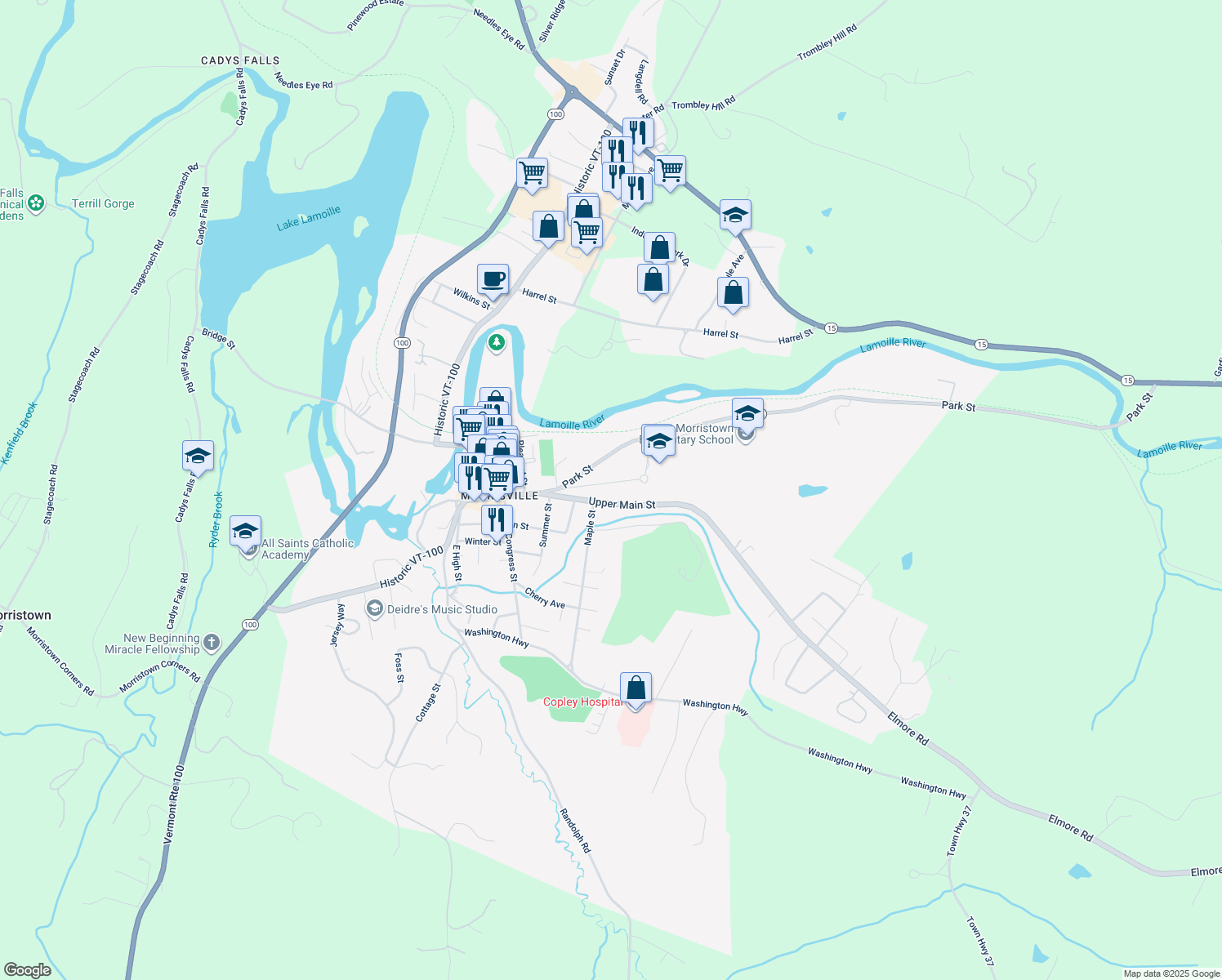 map of restaurants, bars, coffee shops, grocery stores, and more near 124 Copley Avenue in Morristown