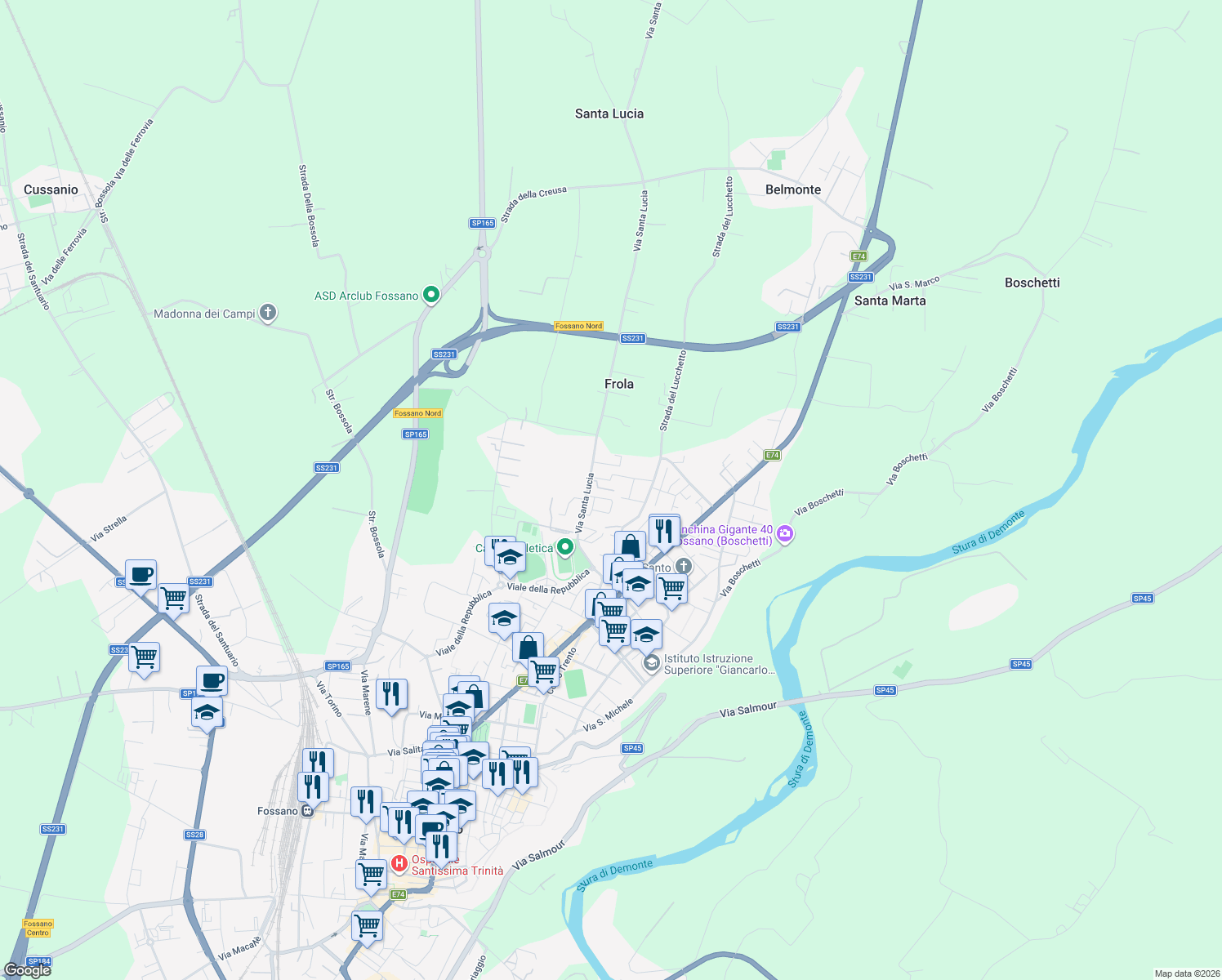 map of restaurants, bars, coffee shops, grocery stores, and more near 2330 Via Santa Lucia in Fossano