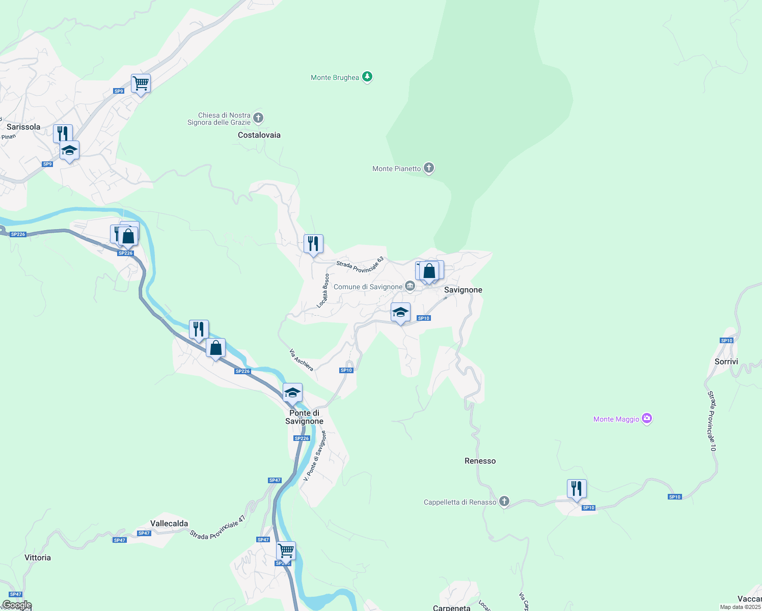 map of restaurants, bars, coffee shops, grocery stores, and more near 15 Località Prato in Savignone