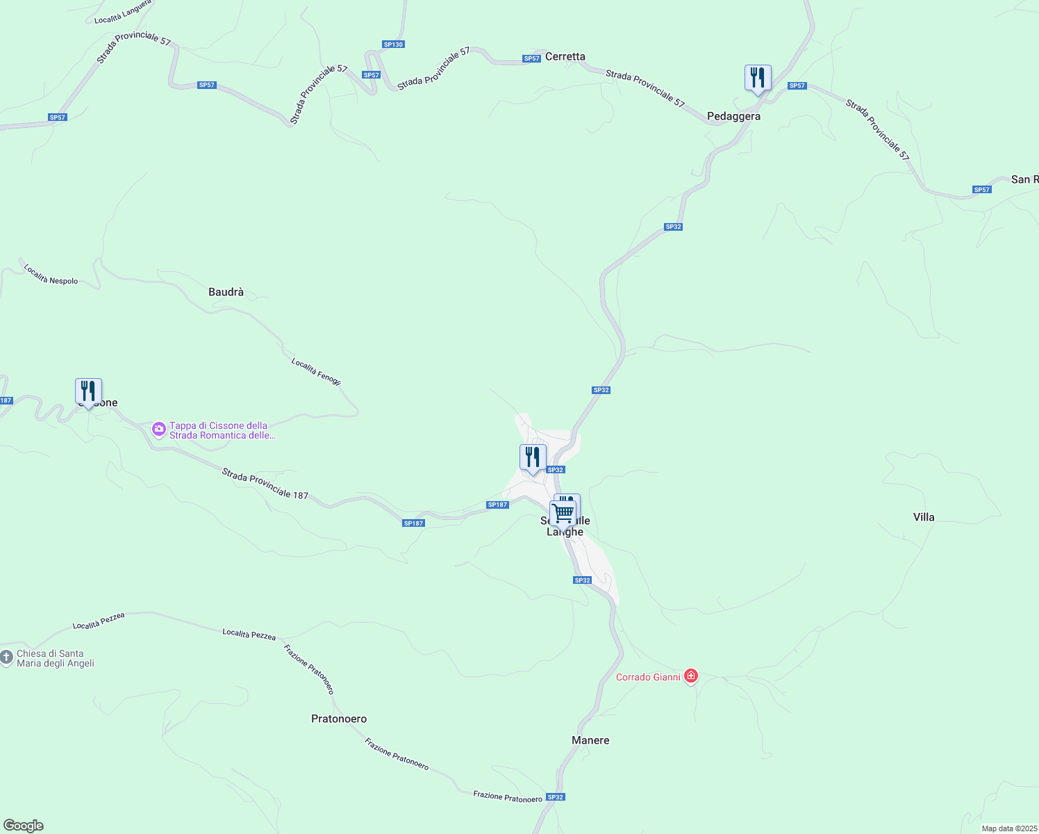 map of restaurants, bars, coffee shops, grocery stores, and more near 7 Via Braia in Serravalle Langhe