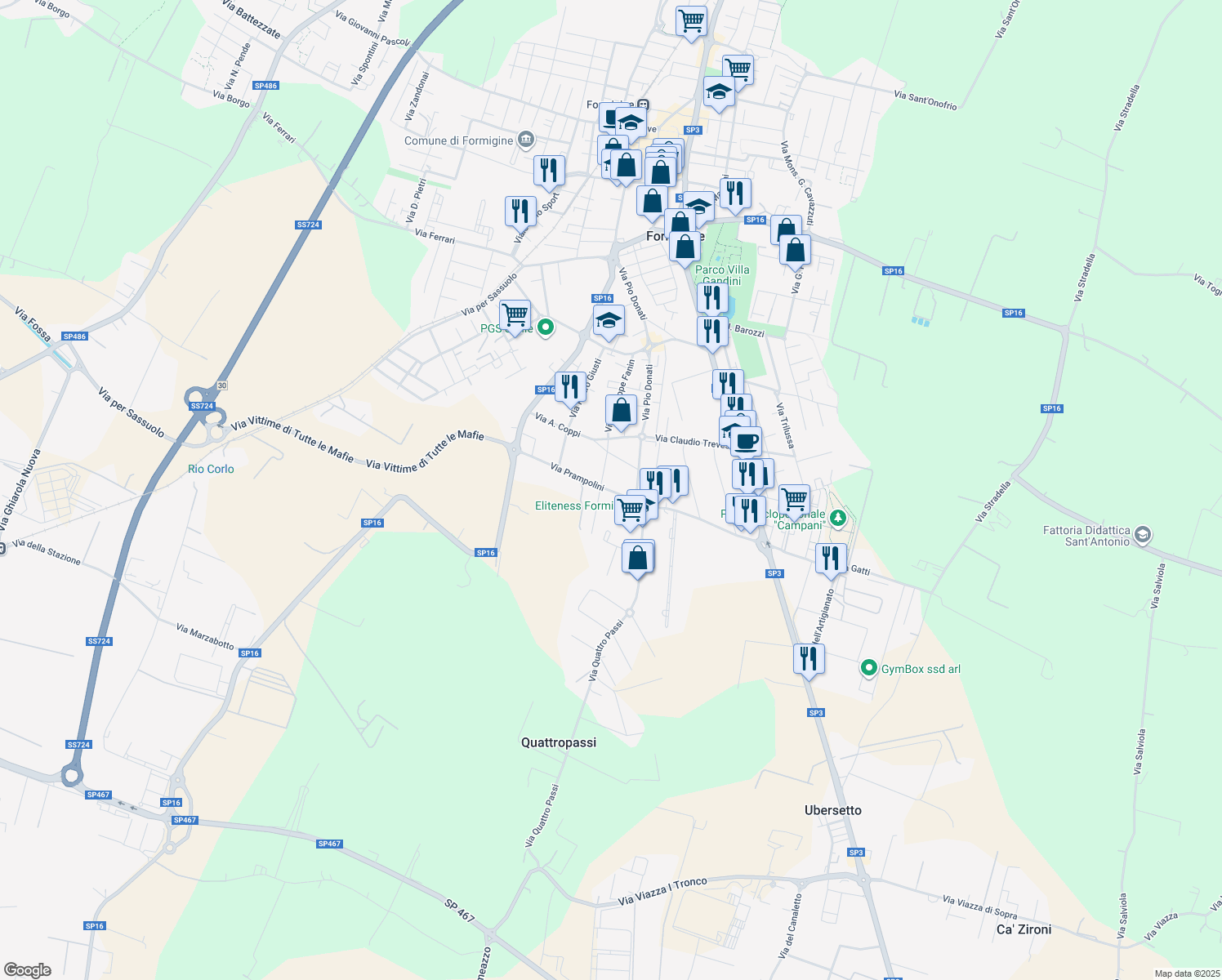 map of restaurants, bars, coffee shops, grocery stores, and more near 6 Via Prampolini in Formigine
