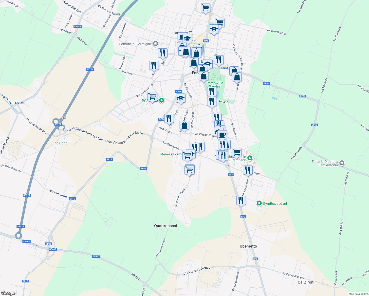 map of restaurants, bars, coffee shops, grocery stores, and more near 6 Via Prampolini in Formigine
