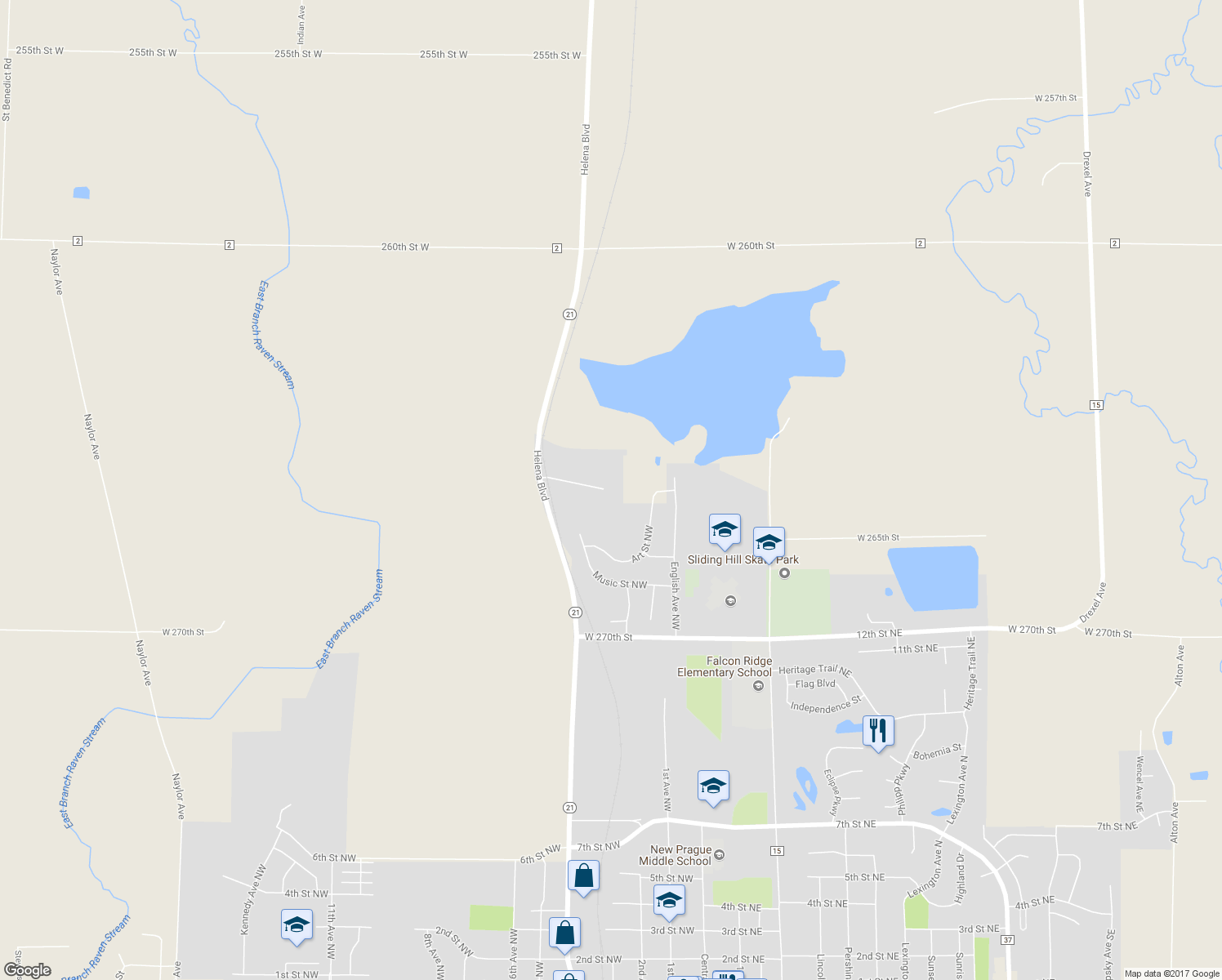 map of restaurants, bars, coffee shops, grocery stores, and more near 26595 Helena Boulevard in New Prague