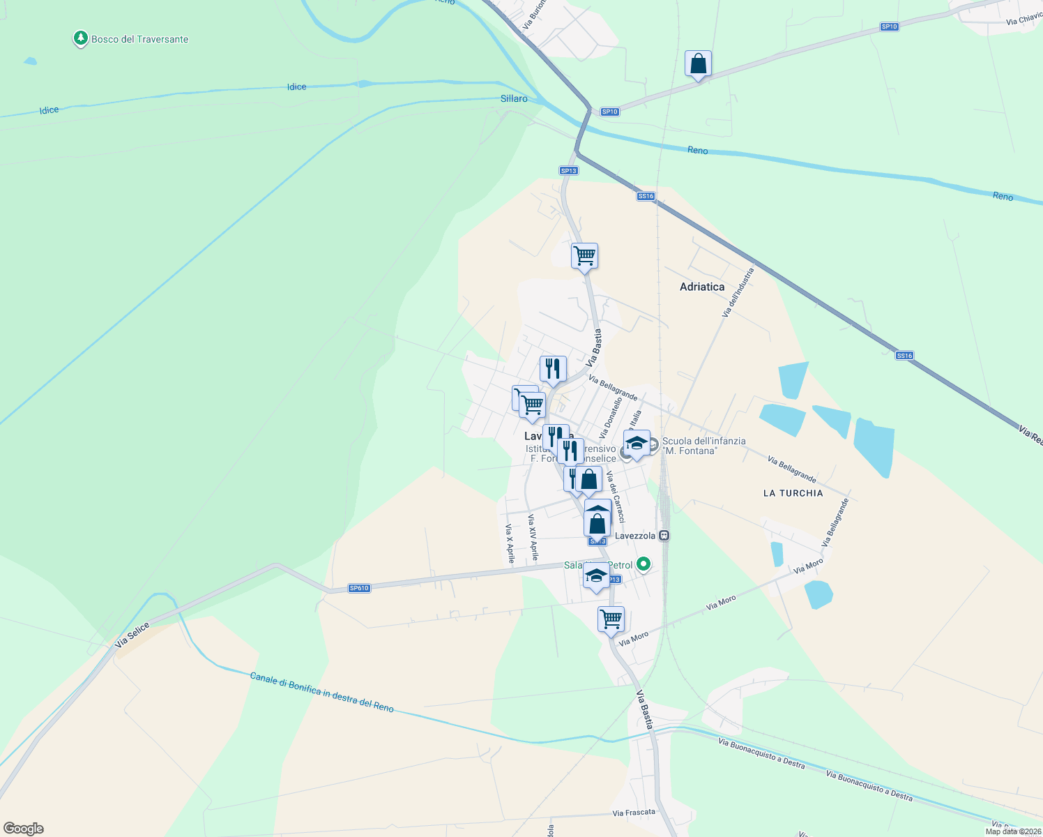 map of restaurants, bars, coffee shops, grocery stores, and more near 5 Via Pasi Silvio in Lavezzola