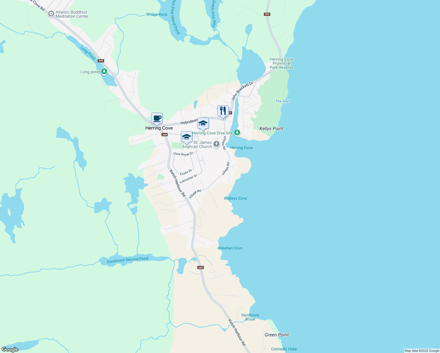 map of restaurants, bars, coffee shops, grocery stores, and more near Village Road in Herring Cove