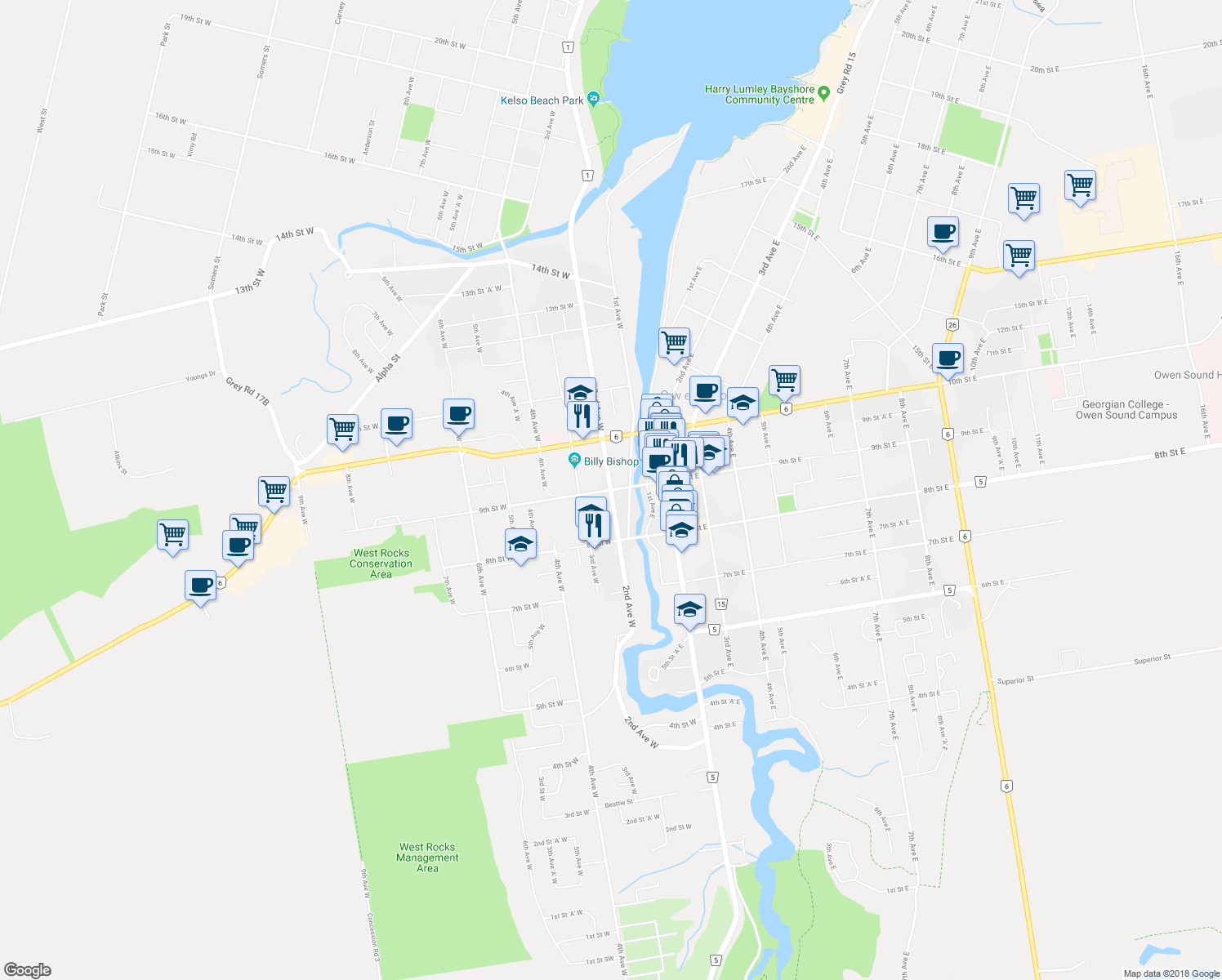 map of restaurants, bars, coffee shops, grocery stores, and more near 9th Street West in Owen Sound