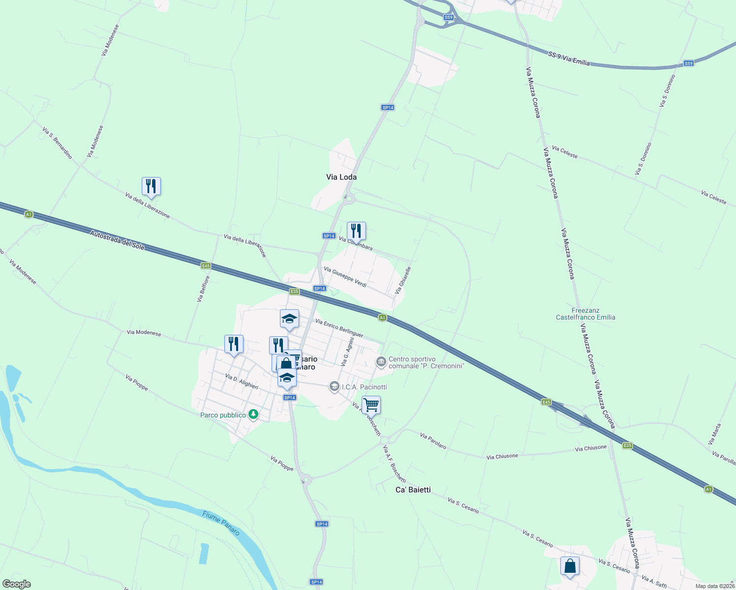 map of restaurants, bars, coffee shops, grocery stores, and more near 28 Via Giuseppe Verdi in San Cesario Sul Panaro