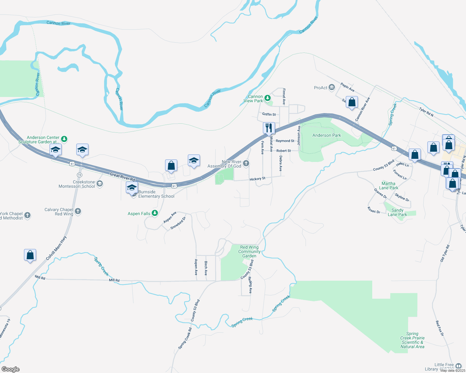 map of restaurants, bars, coffee shops, grocery stores, and more near 313 Charlson Drive in Red Wing