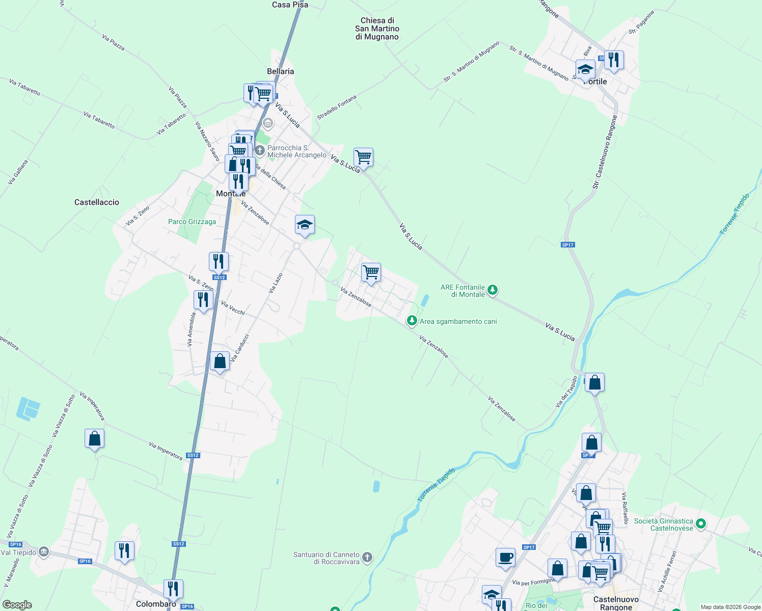 map of restaurants, bars, coffee shops, grocery stores, and more near Via Calvino in Provincia di Modena