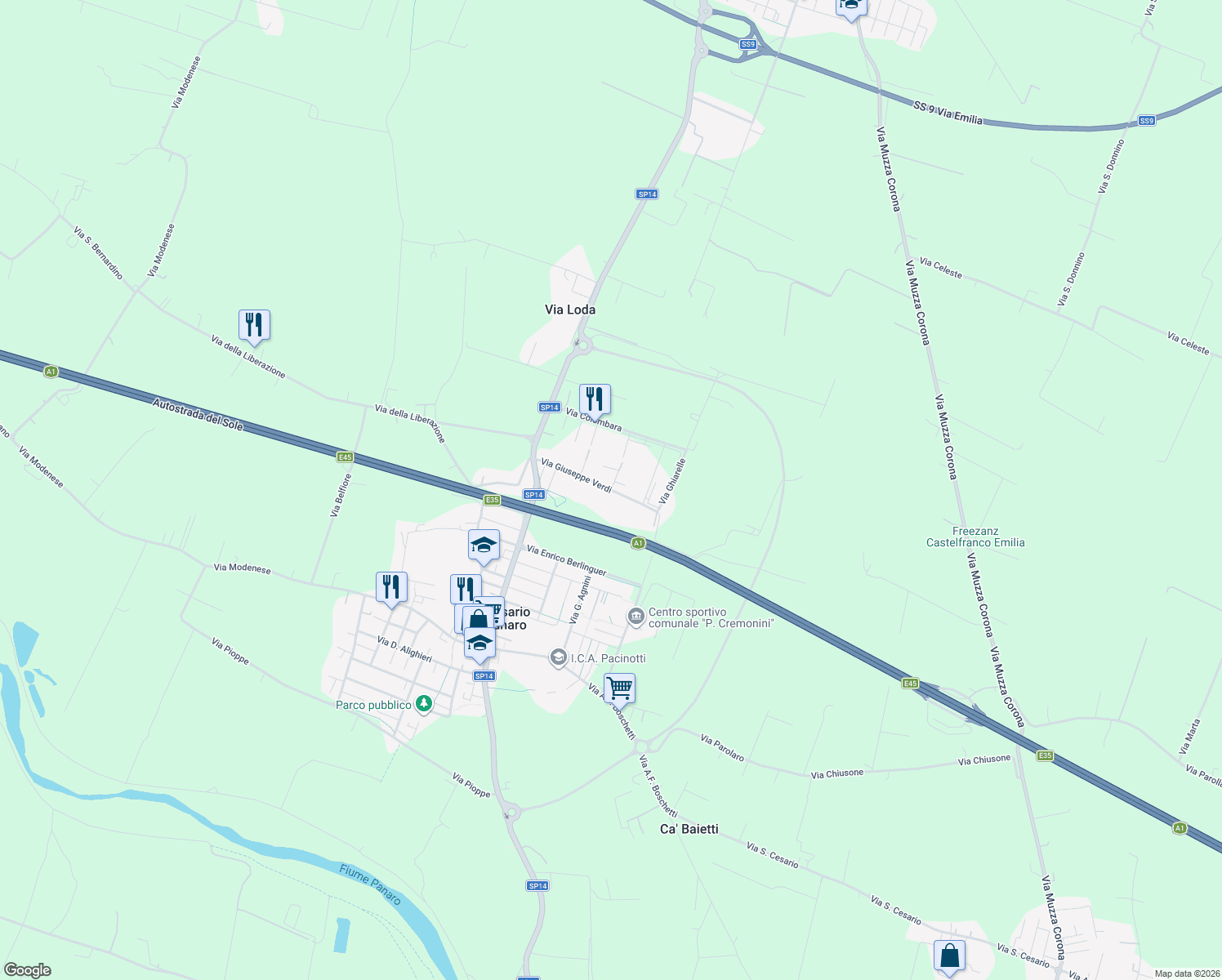 map of restaurants, bars, coffee shops, grocery stores, and more near 28 Via Giuseppe Verdi in San Cesario Sul Panaro