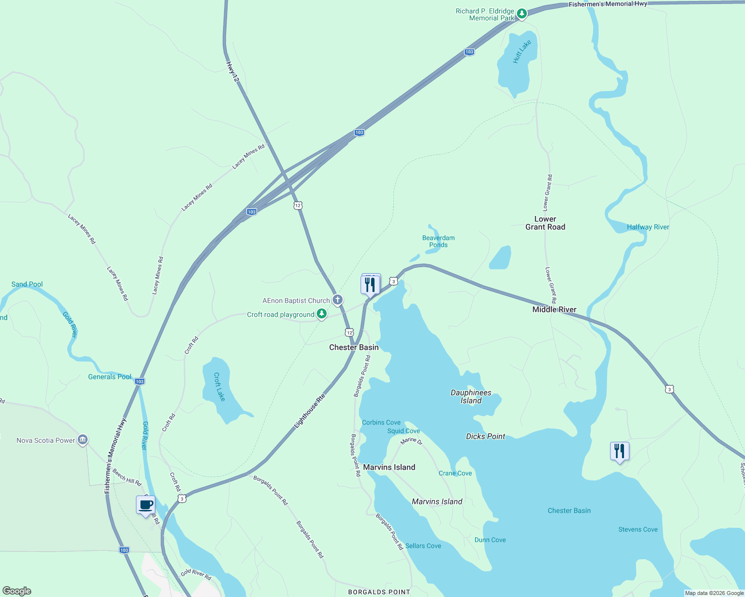 map of restaurants, bars, coffee shops, grocery stores, and more near 5315 Nova Scotia 3 Trunk in Chester Basin