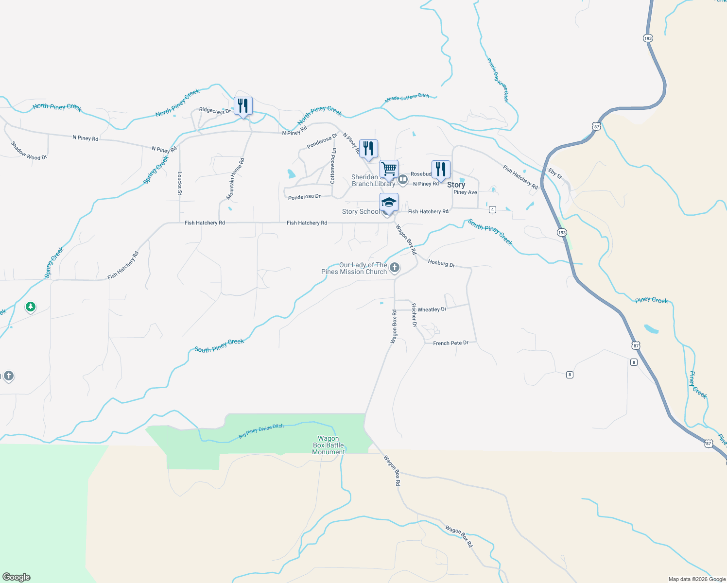 map of restaurants, bars, coffee shops, grocery stores, and more near 44 Wagon Box Road in Story