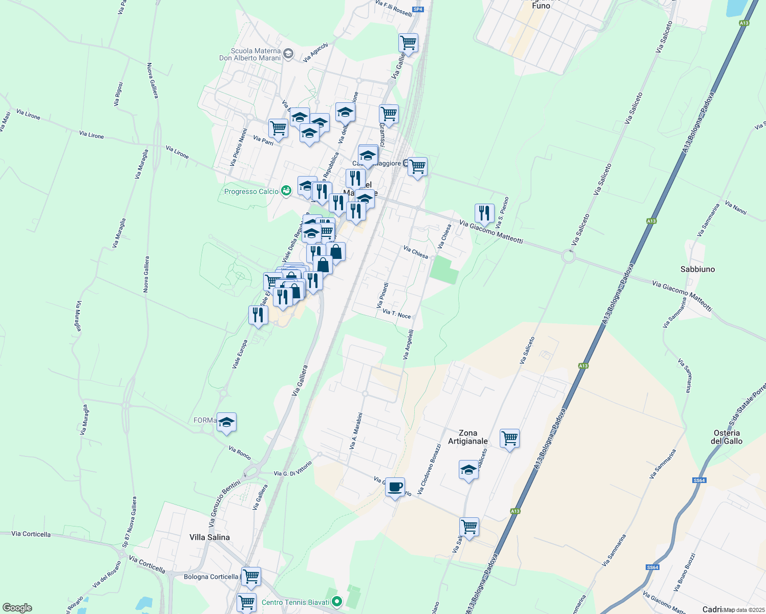 map of restaurants, bars, coffee shops, grocery stores, and more near 29 Via T. Noce in Città Metropolitana di Bologna