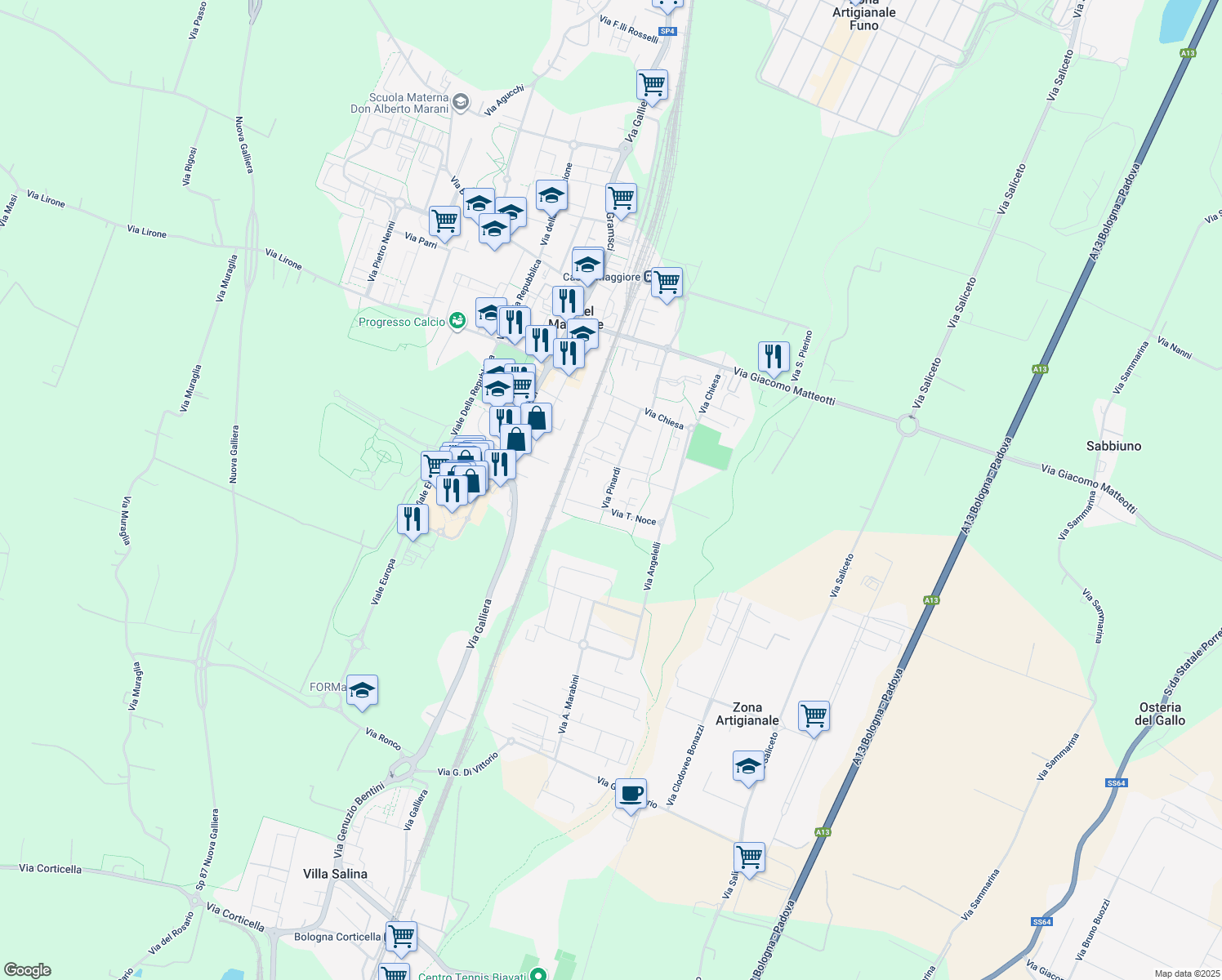 map of restaurants, bars, coffee shops, grocery stores, and more near 29 Via T. Noce in Città Metropolitana di Bologna