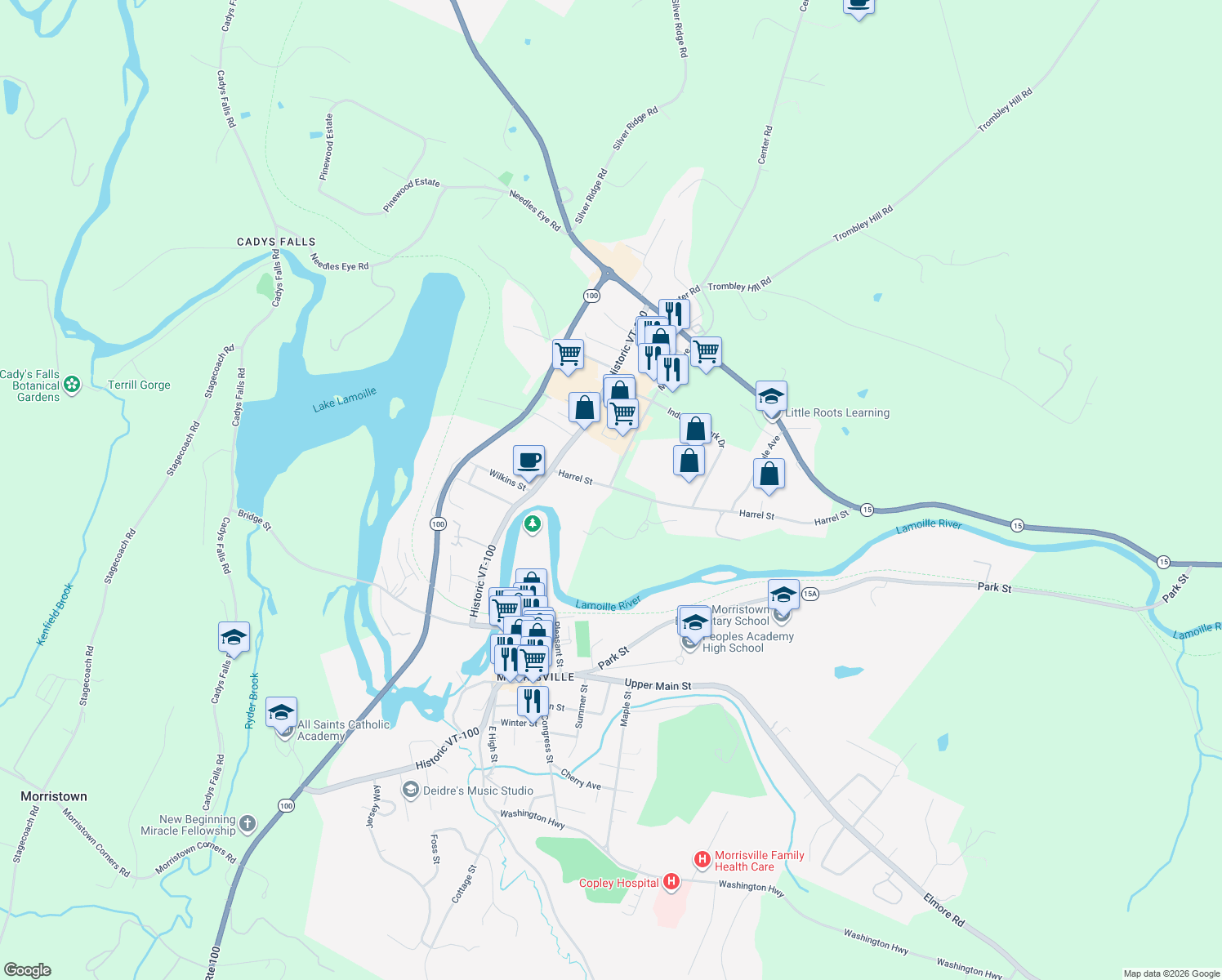 map of restaurants, bars, coffee shops, grocery stores, and more near 160 Harrel Street in Morristown