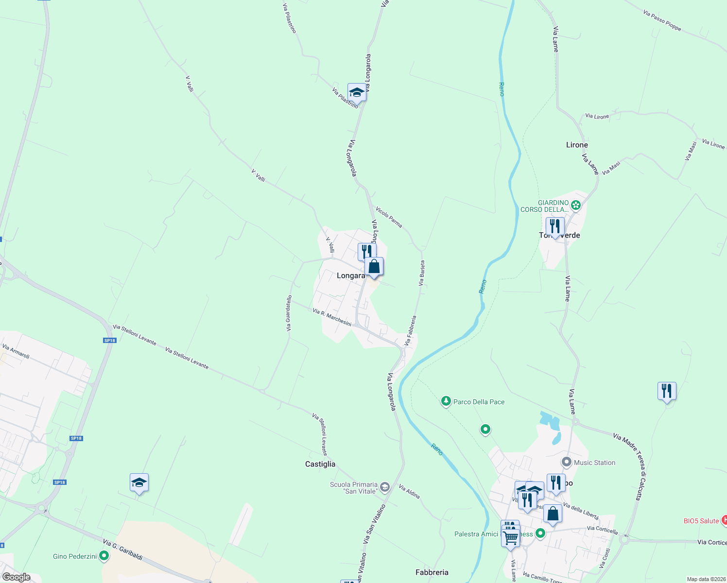 map of restaurants, bars, coffee shops, grocery stores, and more near 56 Via Marchesini in Longara