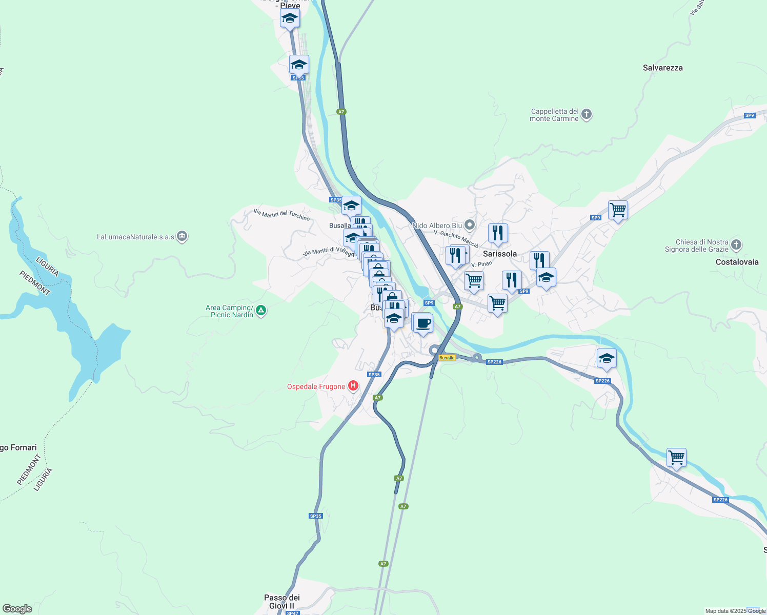 map of restaurants, bars, coffee shops, grocery stores, and more near in Busalla