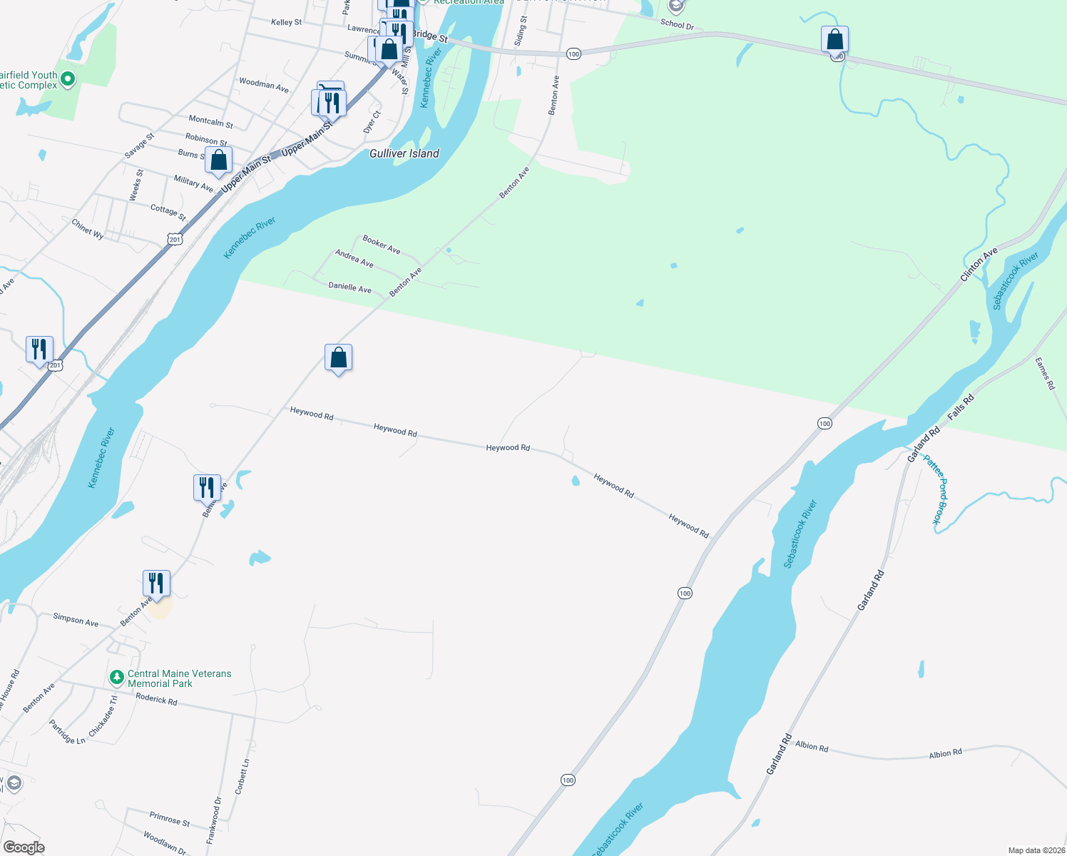 map of restaurants, bars, coffee shops, grocery stores, and more near 164 Heywood Road in Winslow