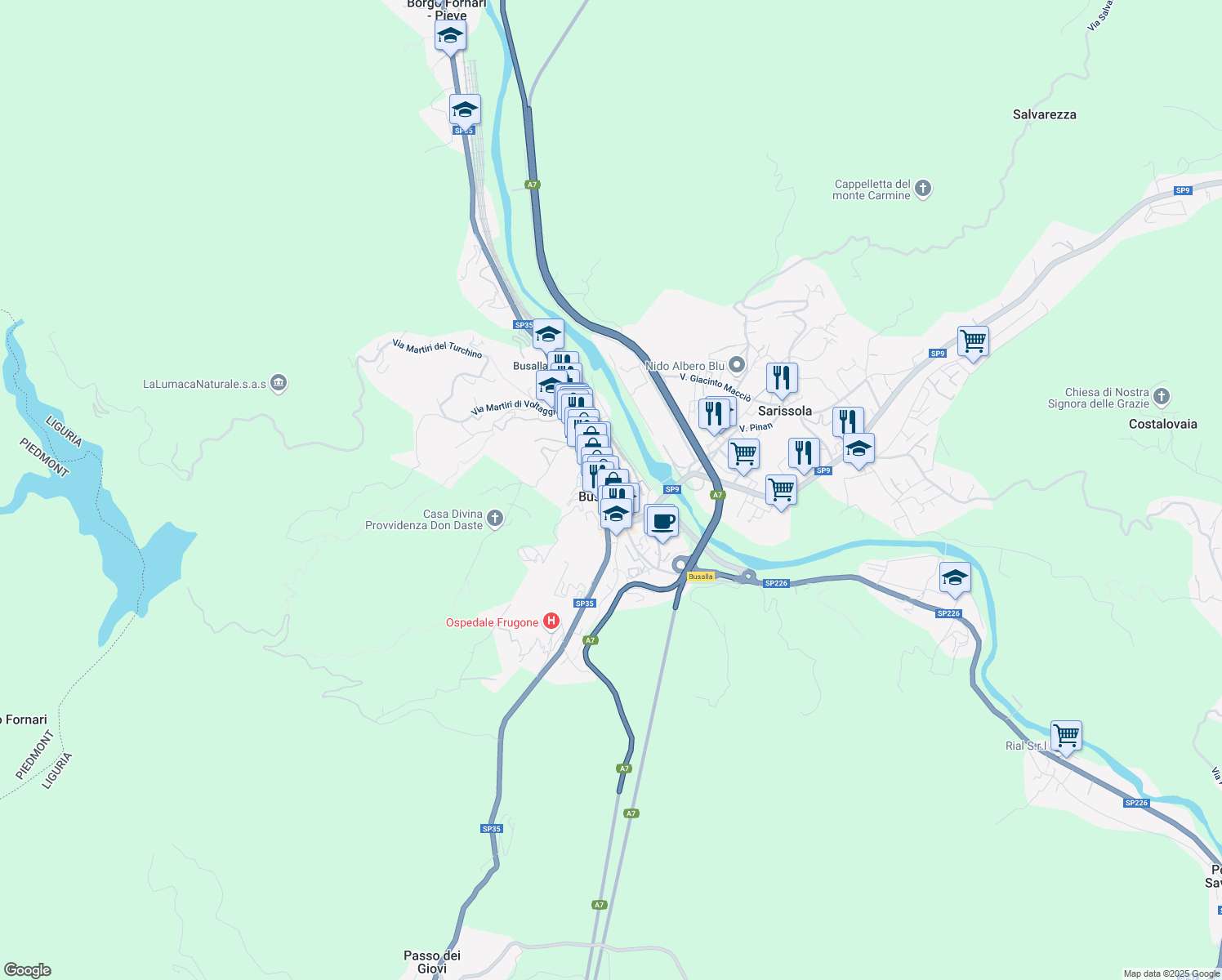 map of restaurants, bars, coffee shops, grocery stores, and more near in Busalla