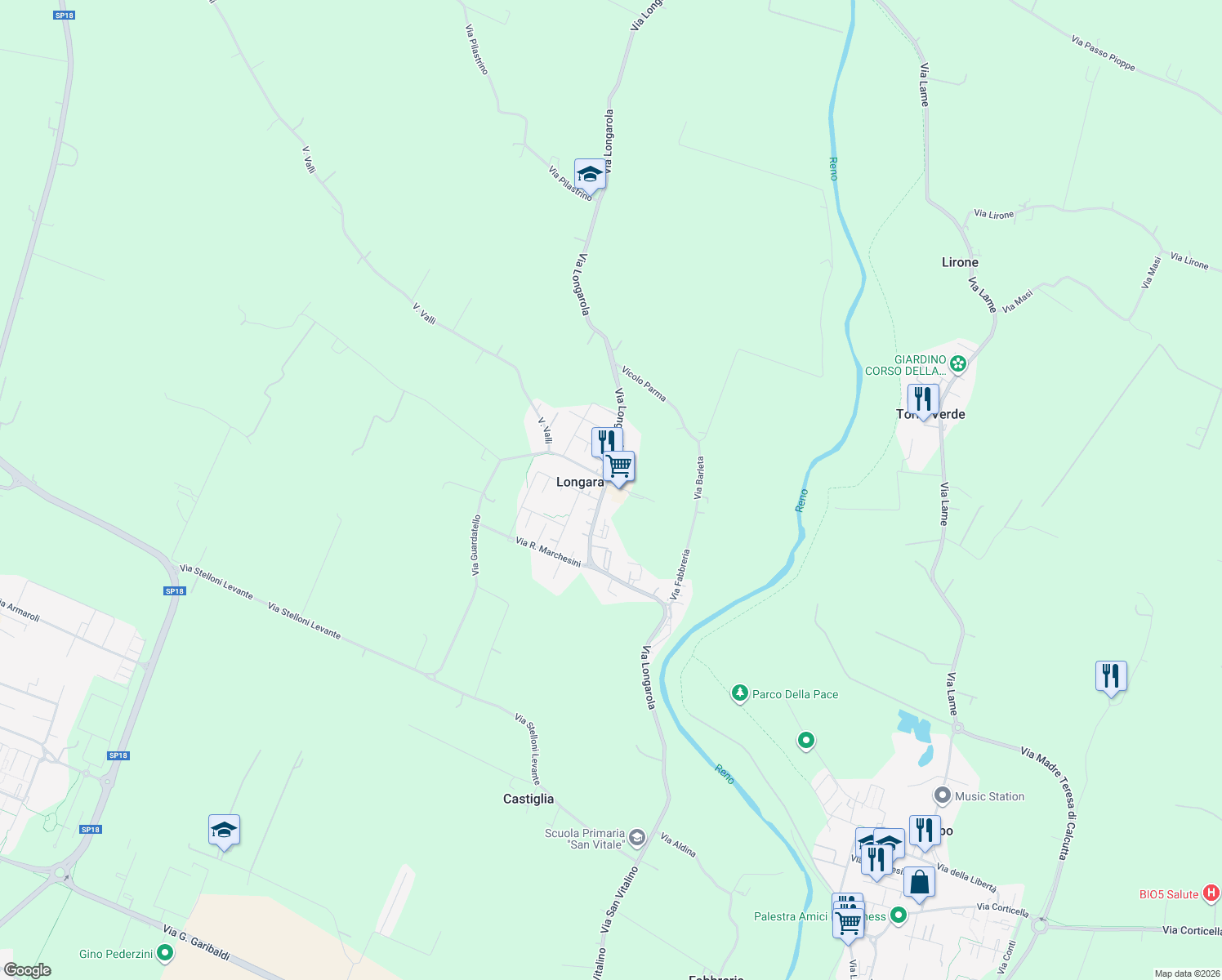 map of restaurants, bars, coffee shops, grocery stores, and more near 56 Via R. Marchesini in Longara