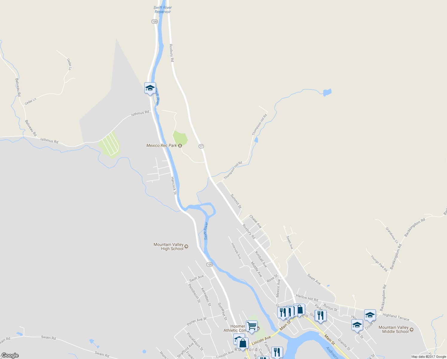 map of restaurants, bars, coffee shops, grocery stores, and more near 20 Thompson Hill Road in Mexico