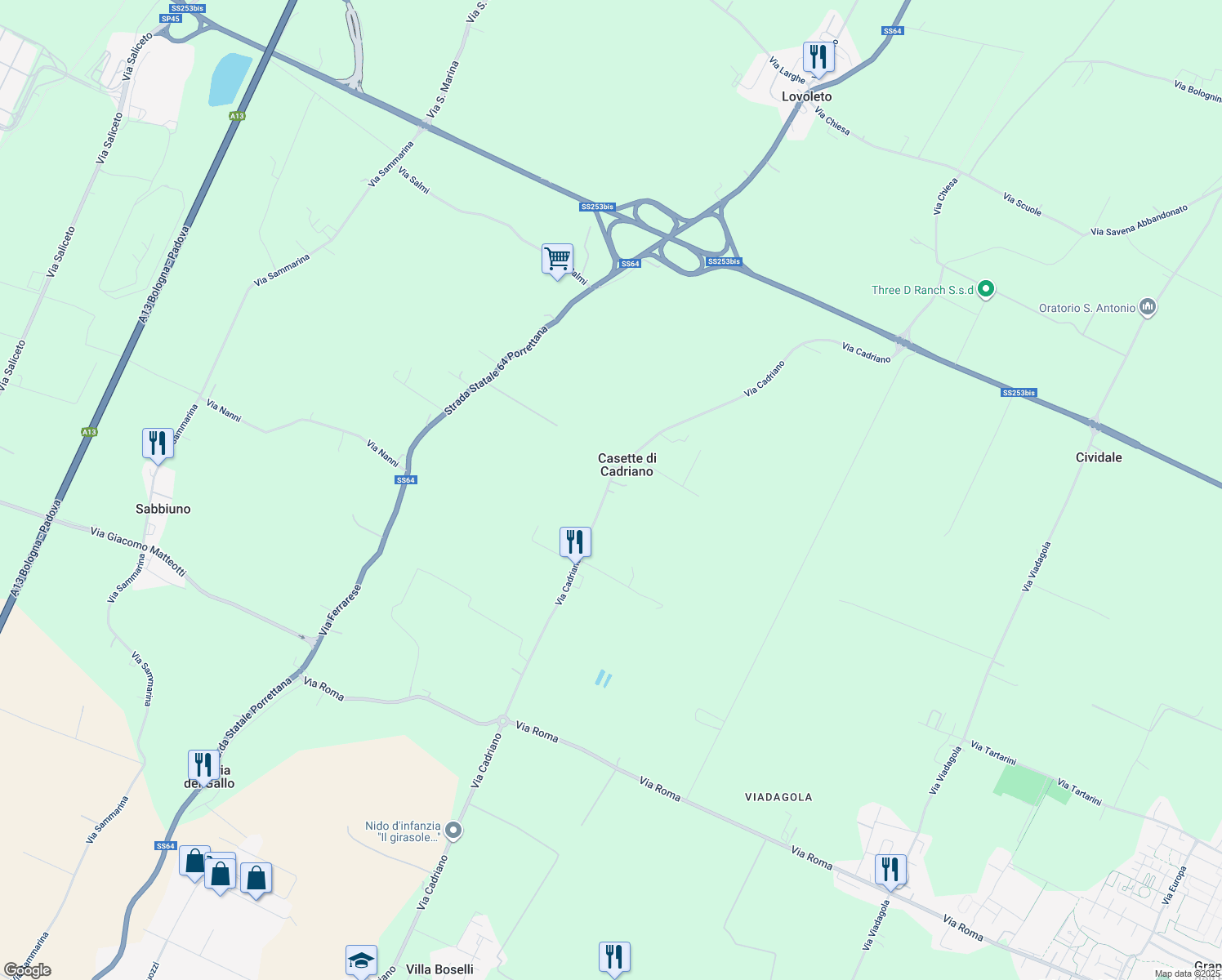 map of restaurants, bars, coffee shops, grocery stores, and more near 80 Via Cadriano in Casette di Cadriano