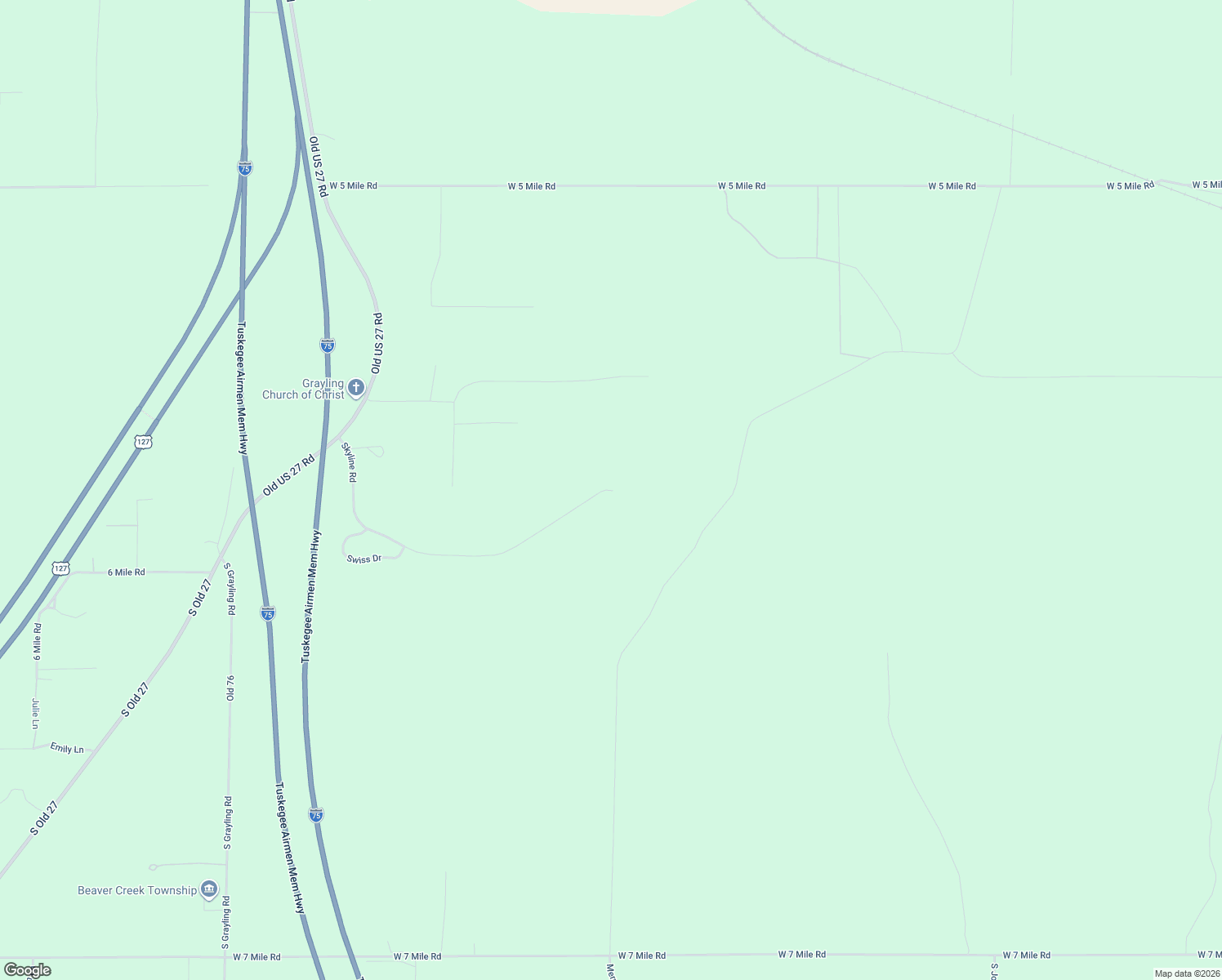 map of restaurants, bars, coffee shops, grocery stores, and more near 4001 Skyline Road in Grayling
