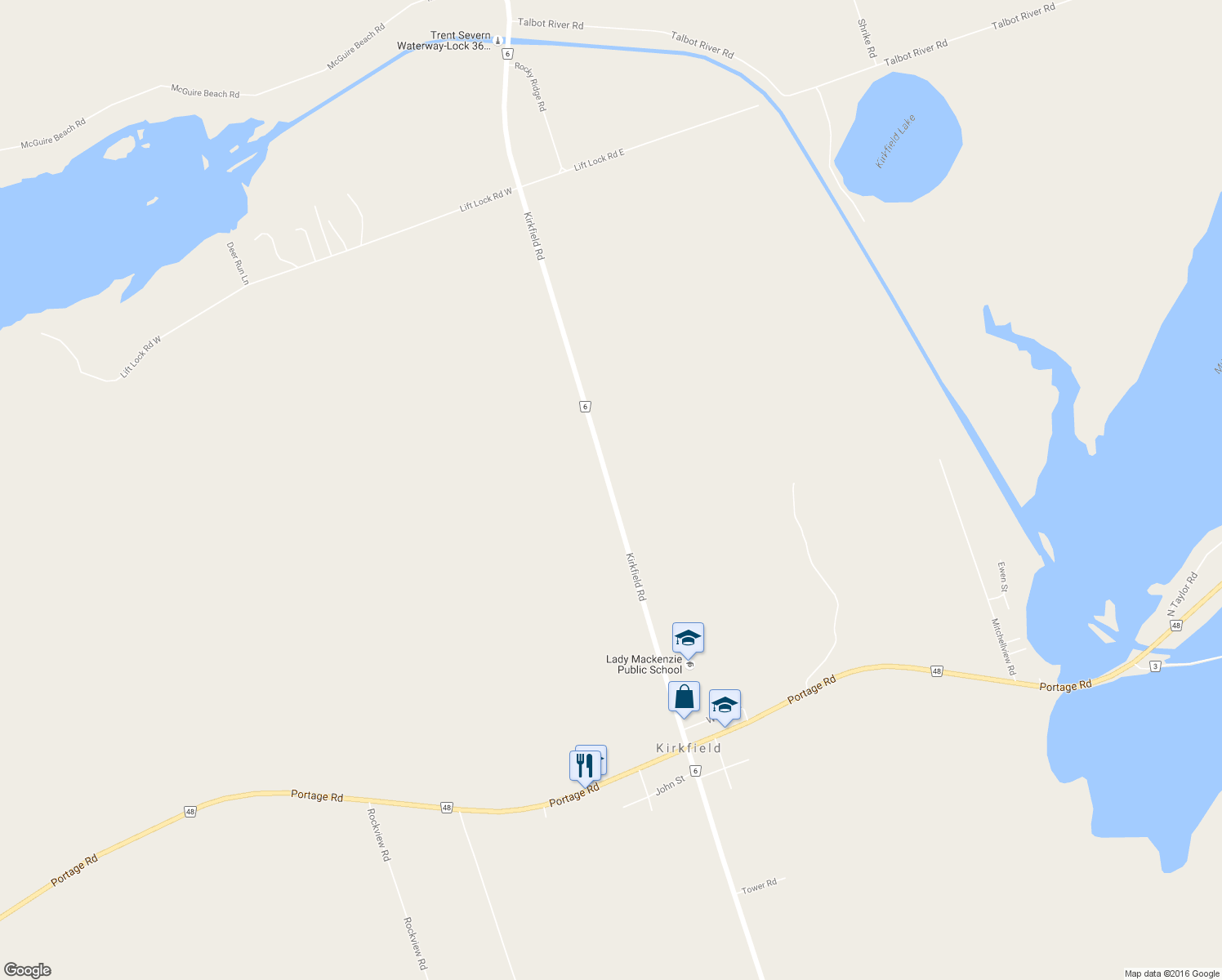 map of restaurants, bars, coffee shops, grocery stores, and more near Kirkfield Road in Kirkfield